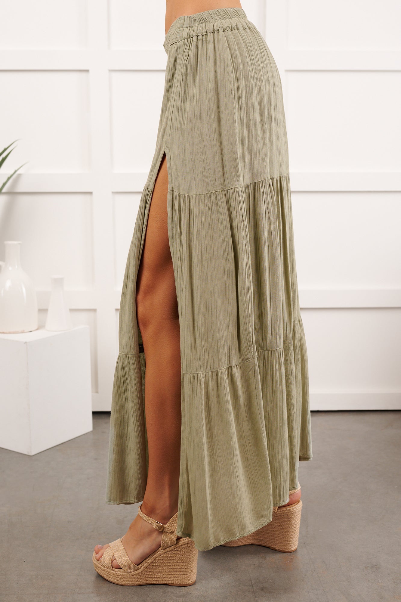 Darling Moments Tiered Slit Maxi Skirt (Sage)