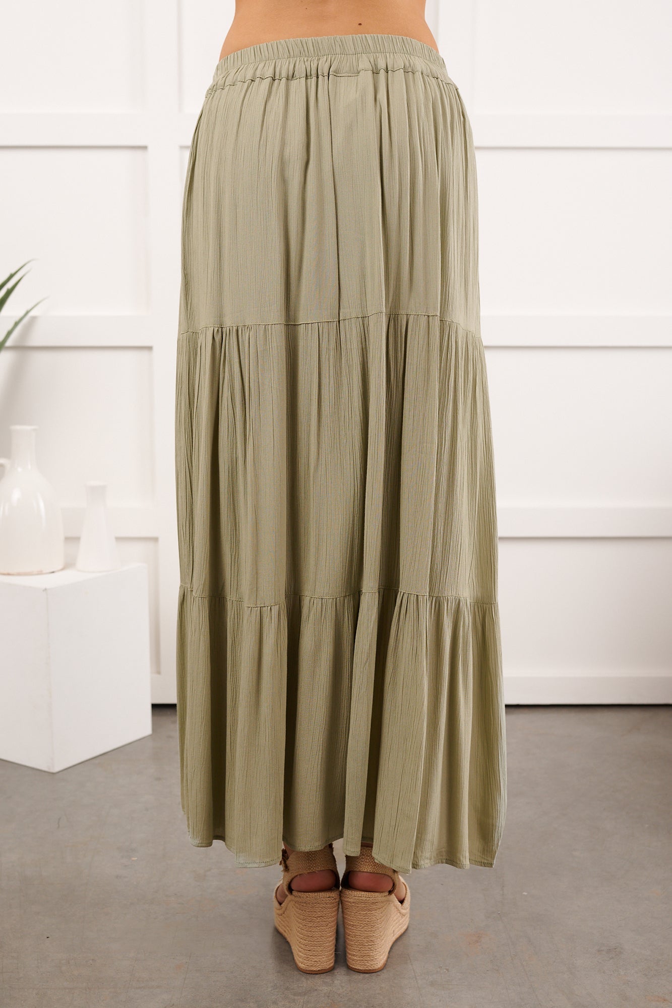 Darling Moments Tiered Slit Maxi Skirt (Sage)