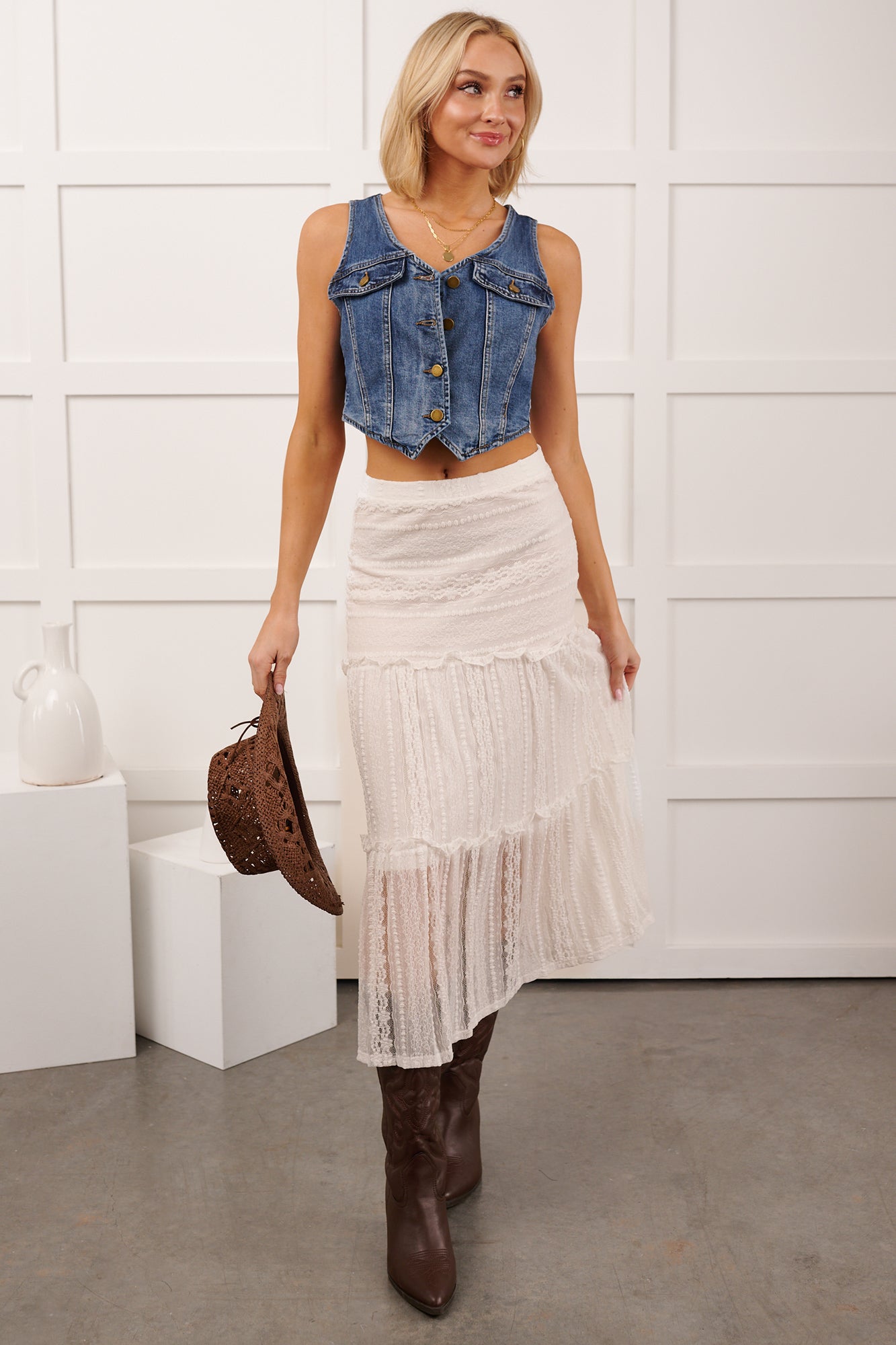 Lacy Daze Tiered Lace Midi Skirt (Off White)