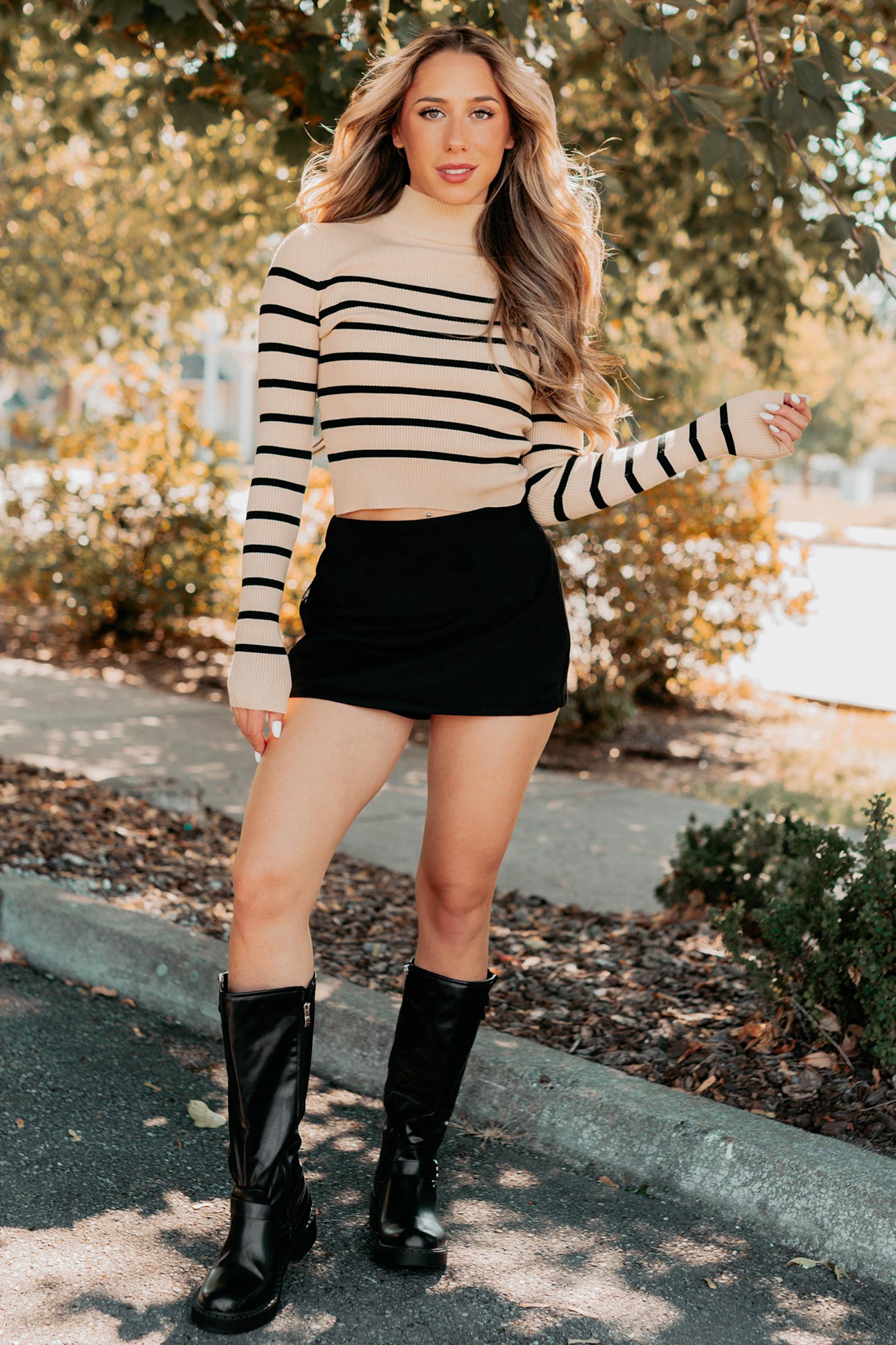 Blissful Rest Striped Mock Neck Sweater Top (Taupe/Black)