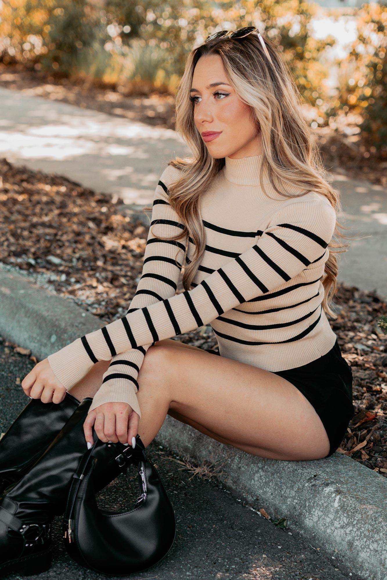 Blissful Rest Striped Mock Neck Sweater Top (Taupe/Black)