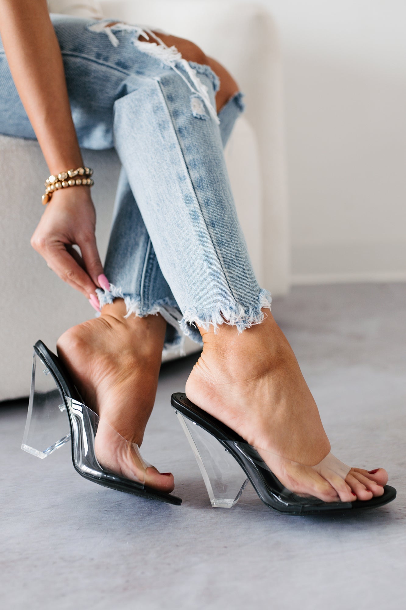 Glamour & Glow Clear Strap Lucite Heels (Black)