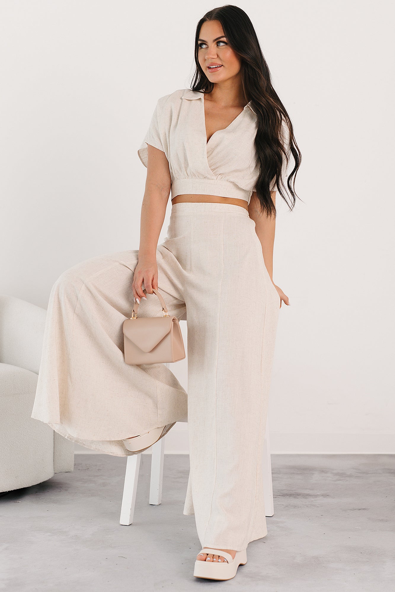 Chic and Simple Crop Top & Palazzo Pants Set (Oatmeal)