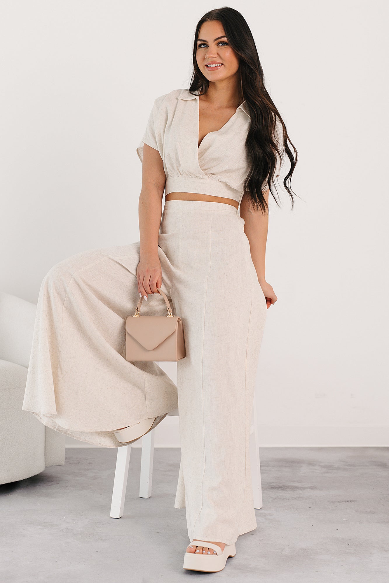 Chic and Simple Crop Top & Palazzo Pants Set (Oatmeal)