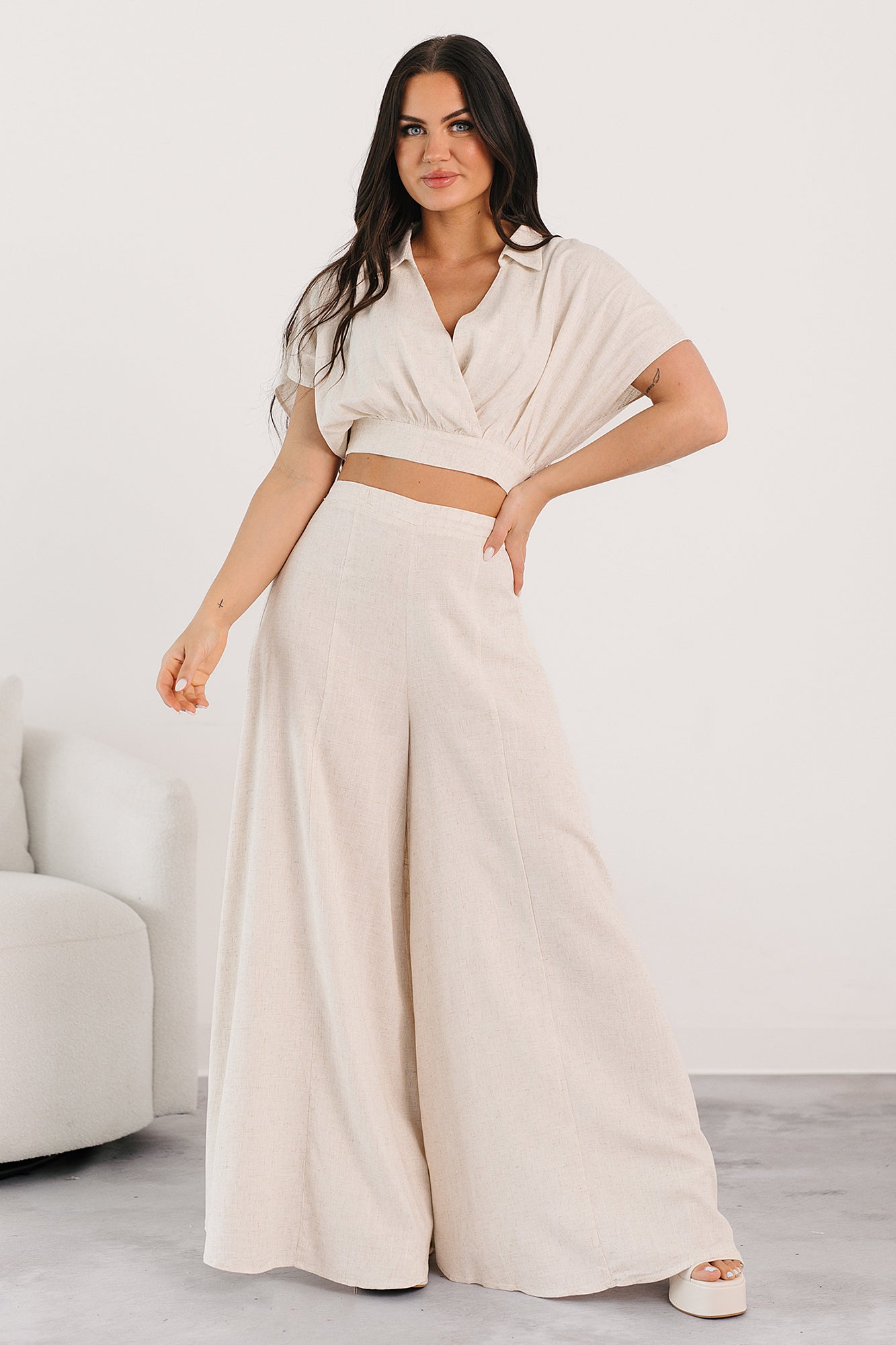 Chic and Simple Crop Top & Palazzo Pants Set (Oatmeal)