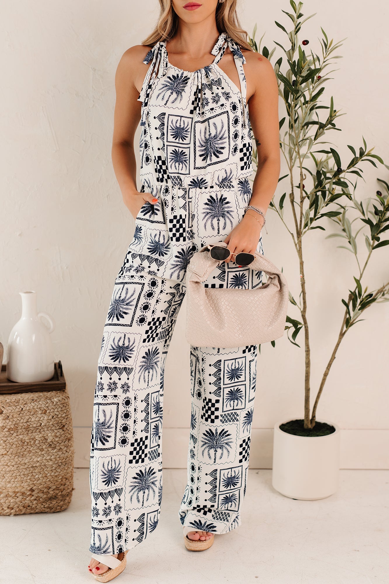 Ocean Calls Halter Abstract Print Jumpsuit (Ivory/Navy)