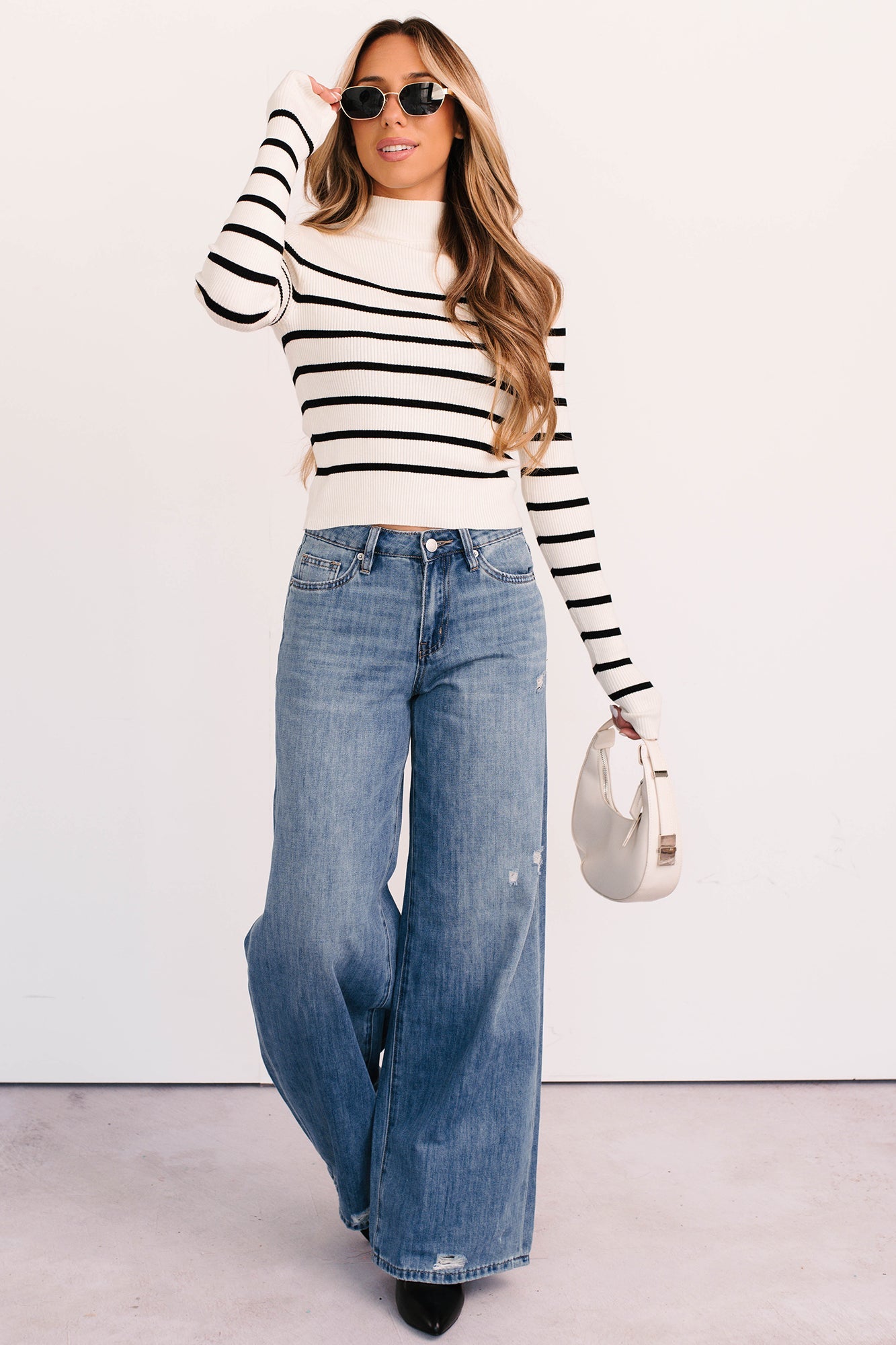 Blissful Rest Striped Mock Neck Sweater Top (Cream/Black)
