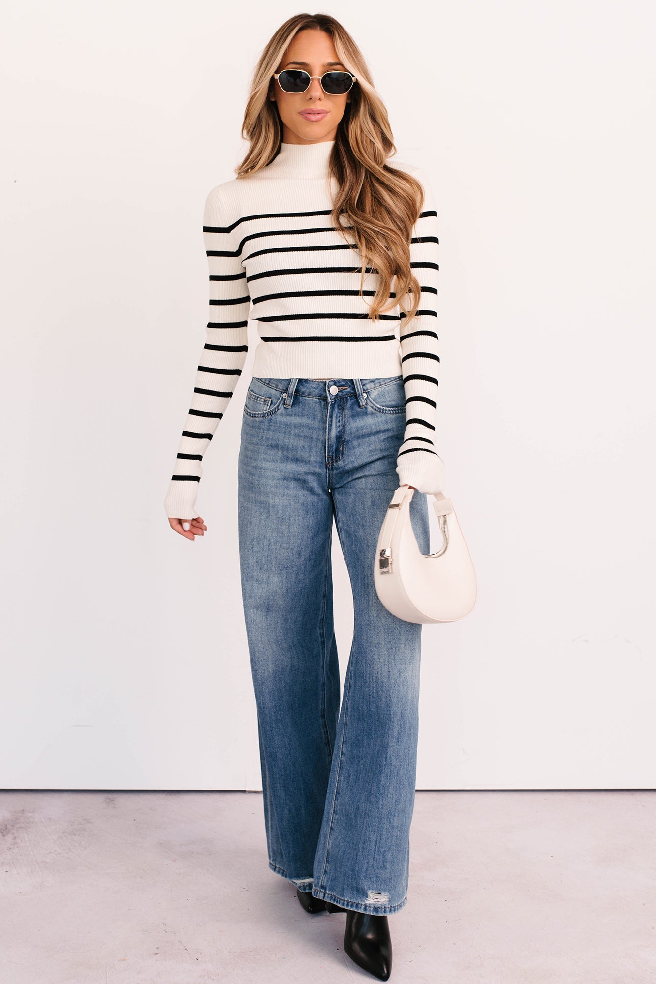 Blissful Rest Striped Mock Neck Sweater Top (Cream/Black)