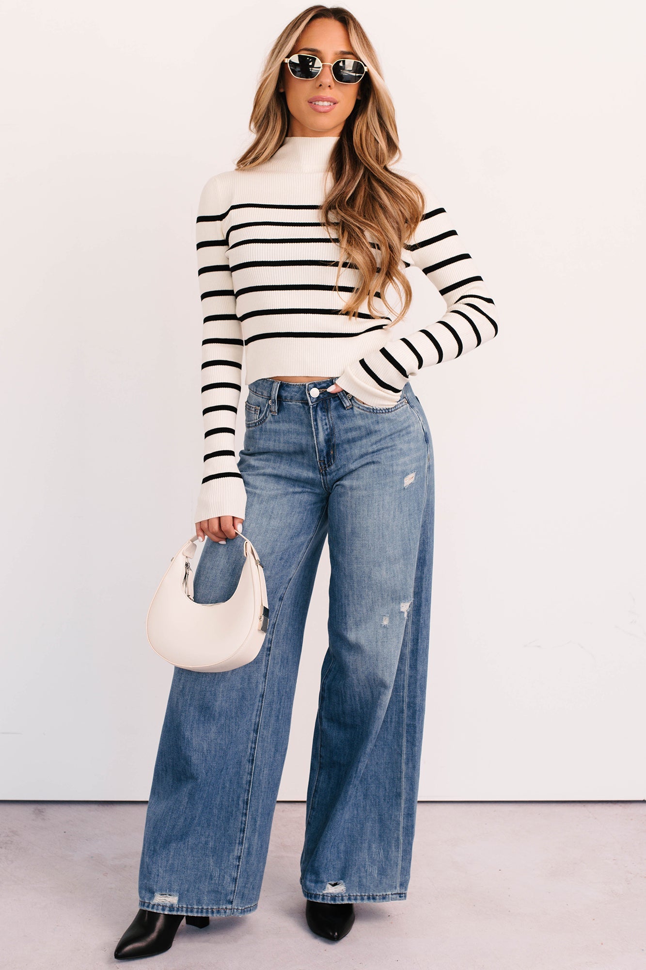 Blissful Rest Striped Mock Neck Sweater Top (Cream/Black)