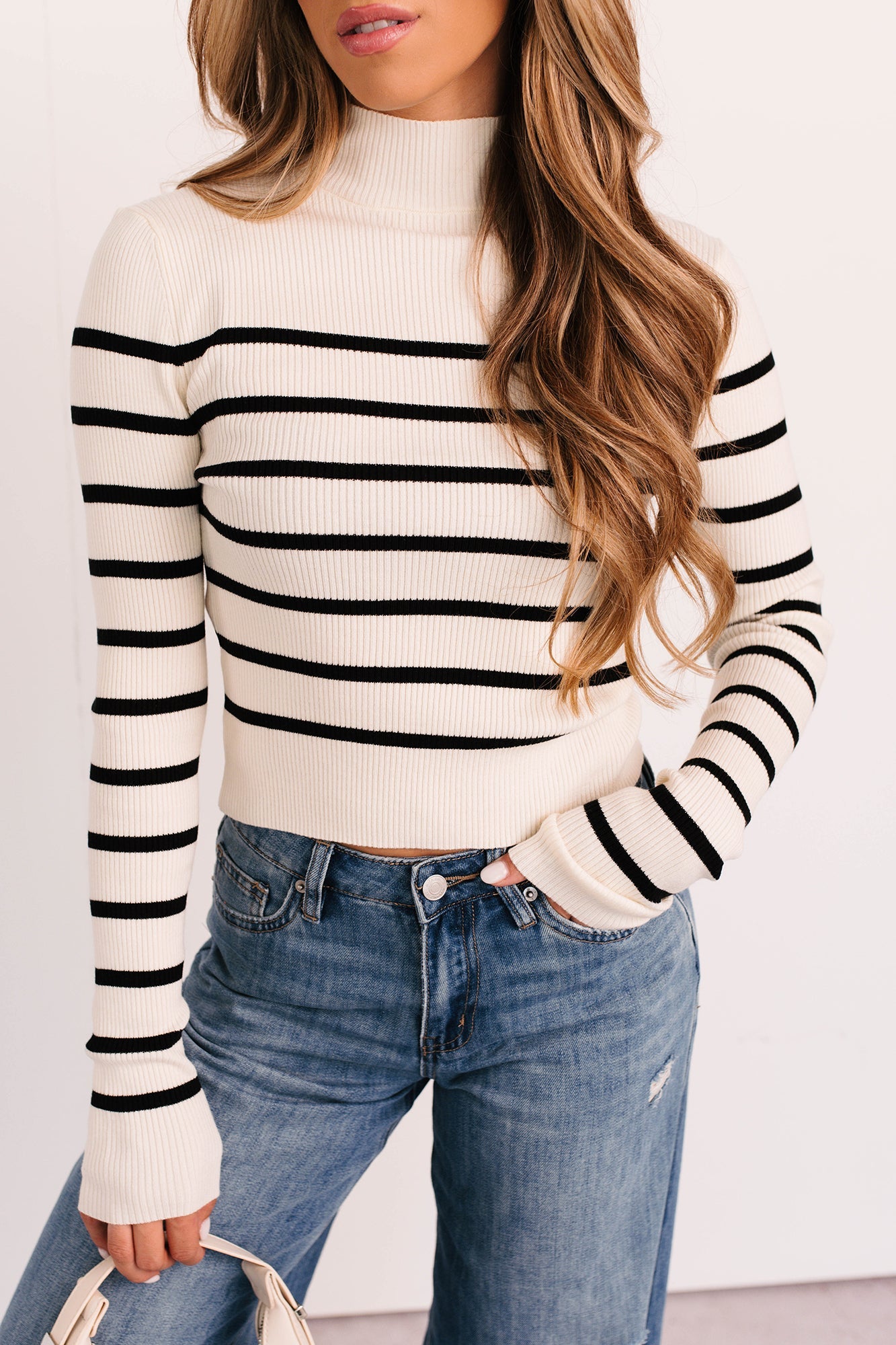 Blissful Rest Striped Mock Neck Sweater Top (Cream/Black)