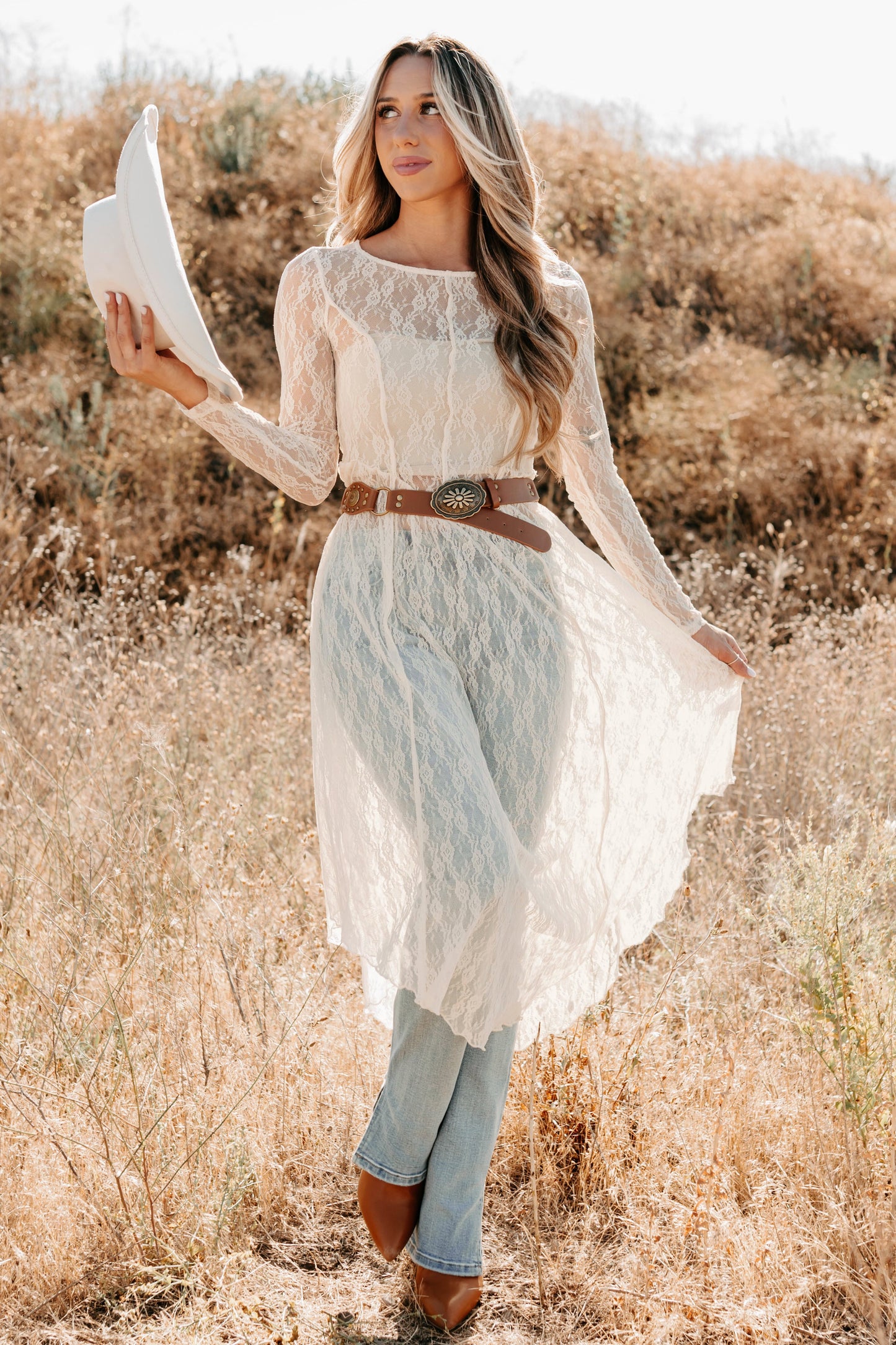 Spirit Dances Sheer Lace Midi Layering Dress (Ecru)