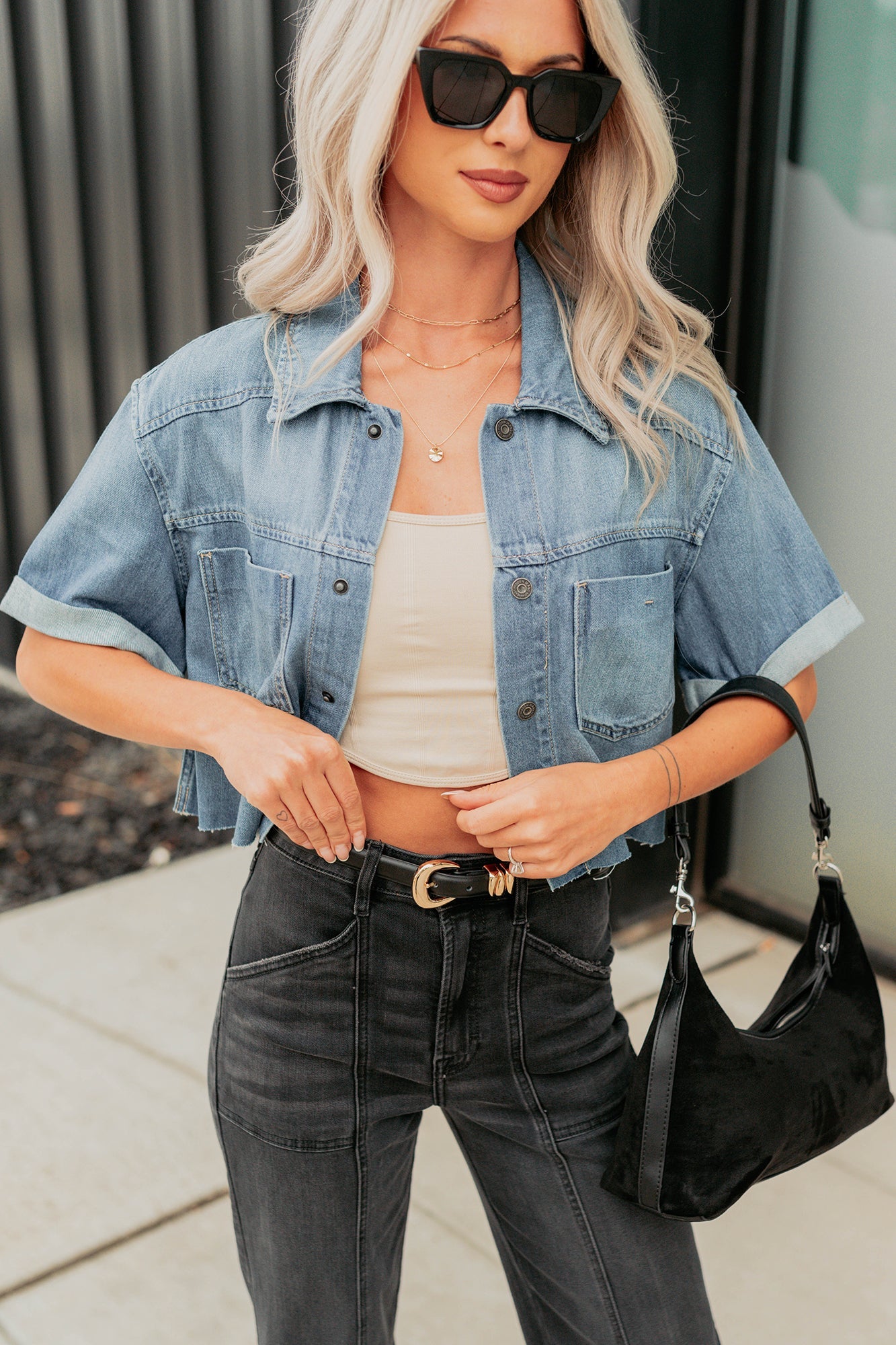 Out & About Short Sleeve Denim Crop Top (Medium)