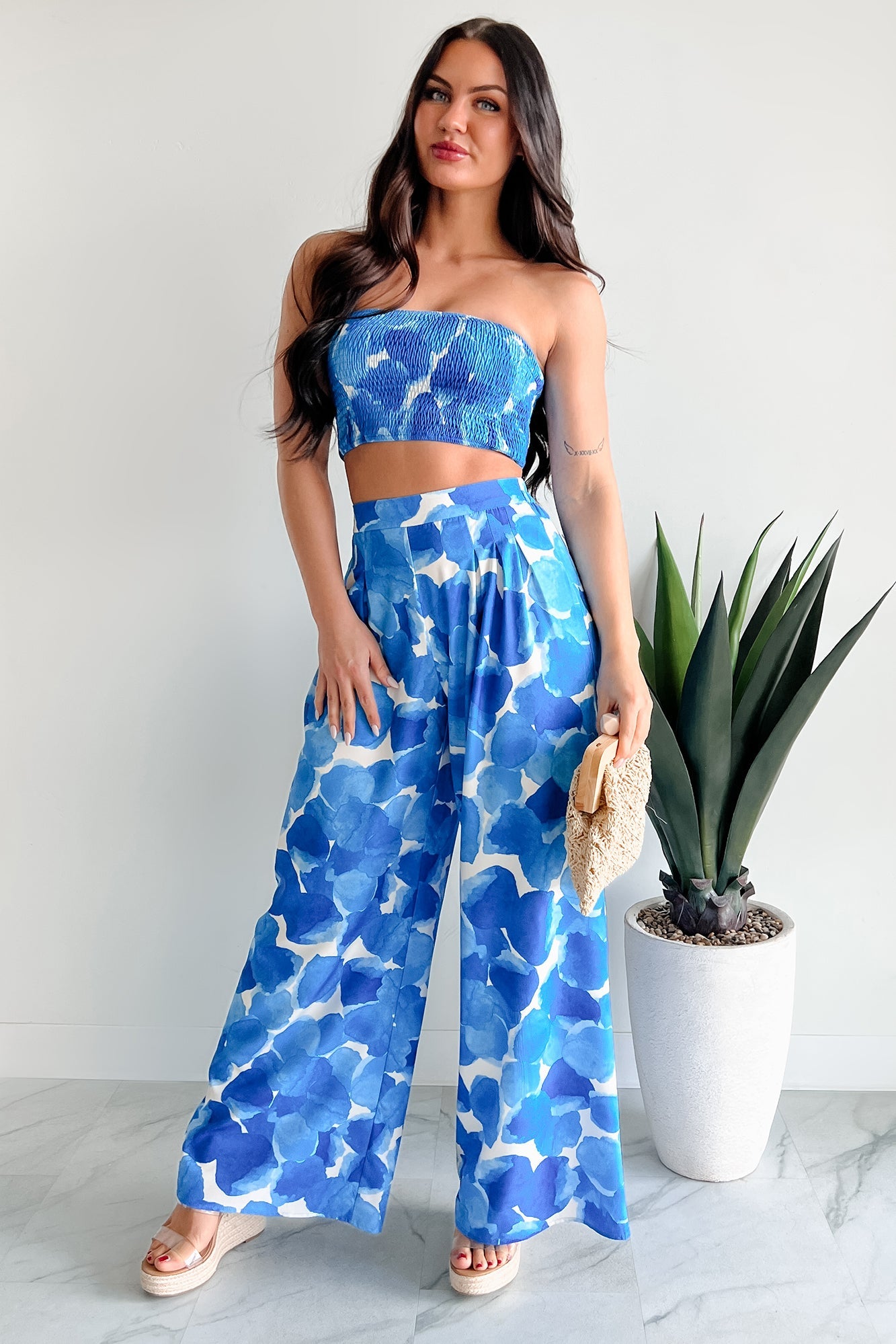 Wandering Freely Two-Piece Bandeau Pant Set (Blue)