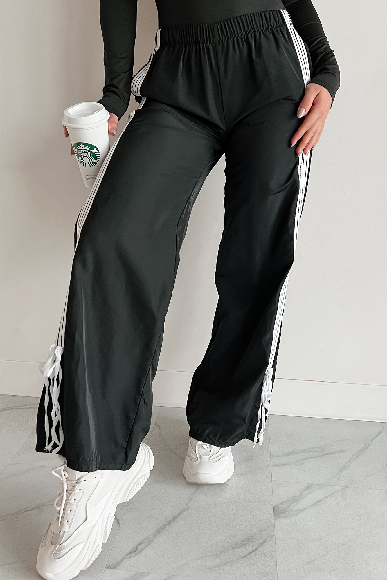 Colby Side Stripe Ribbon Tie Track Pants (Black)