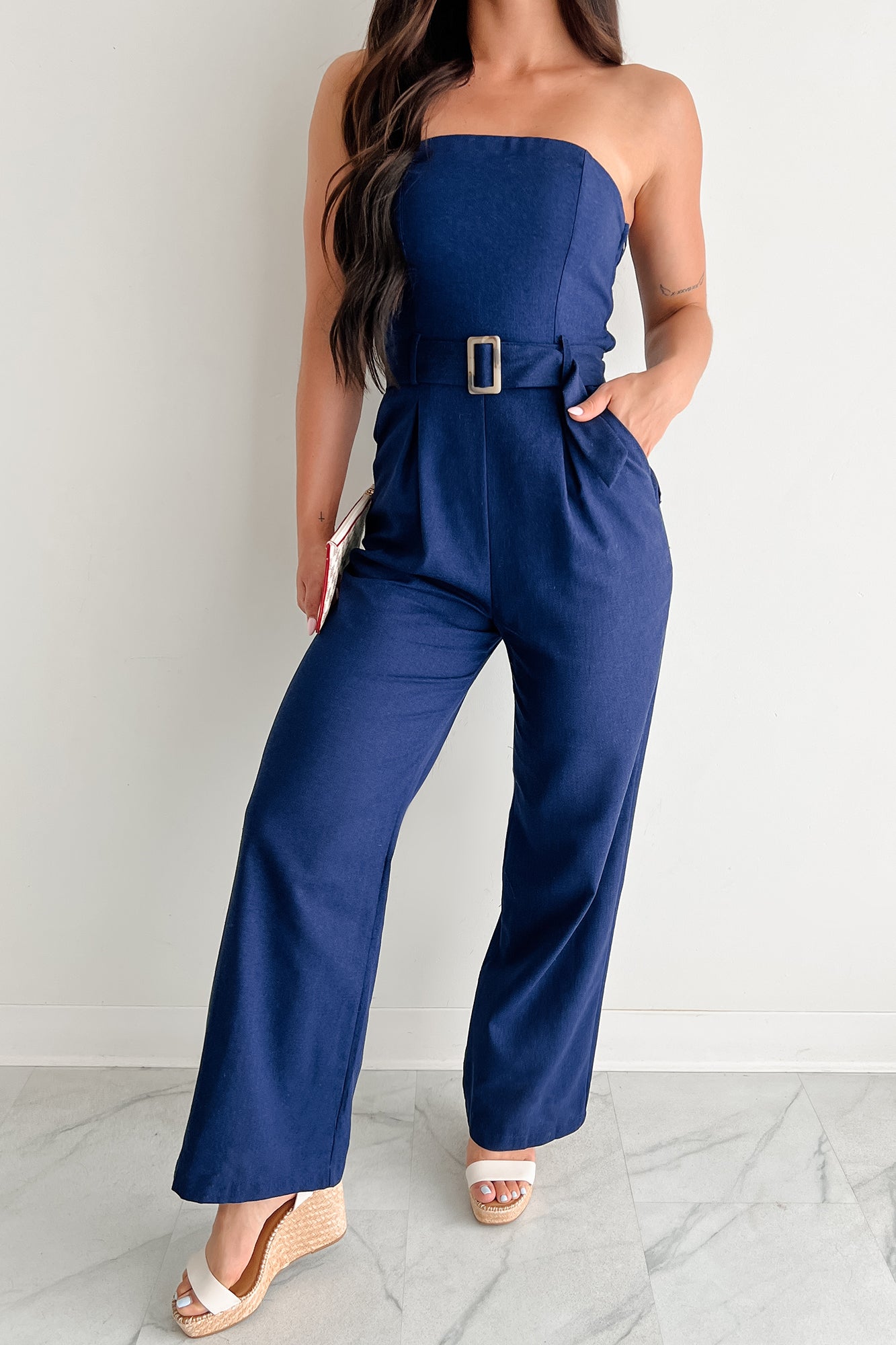 One More Page Strapless Belted Jumpsuit (Navy)