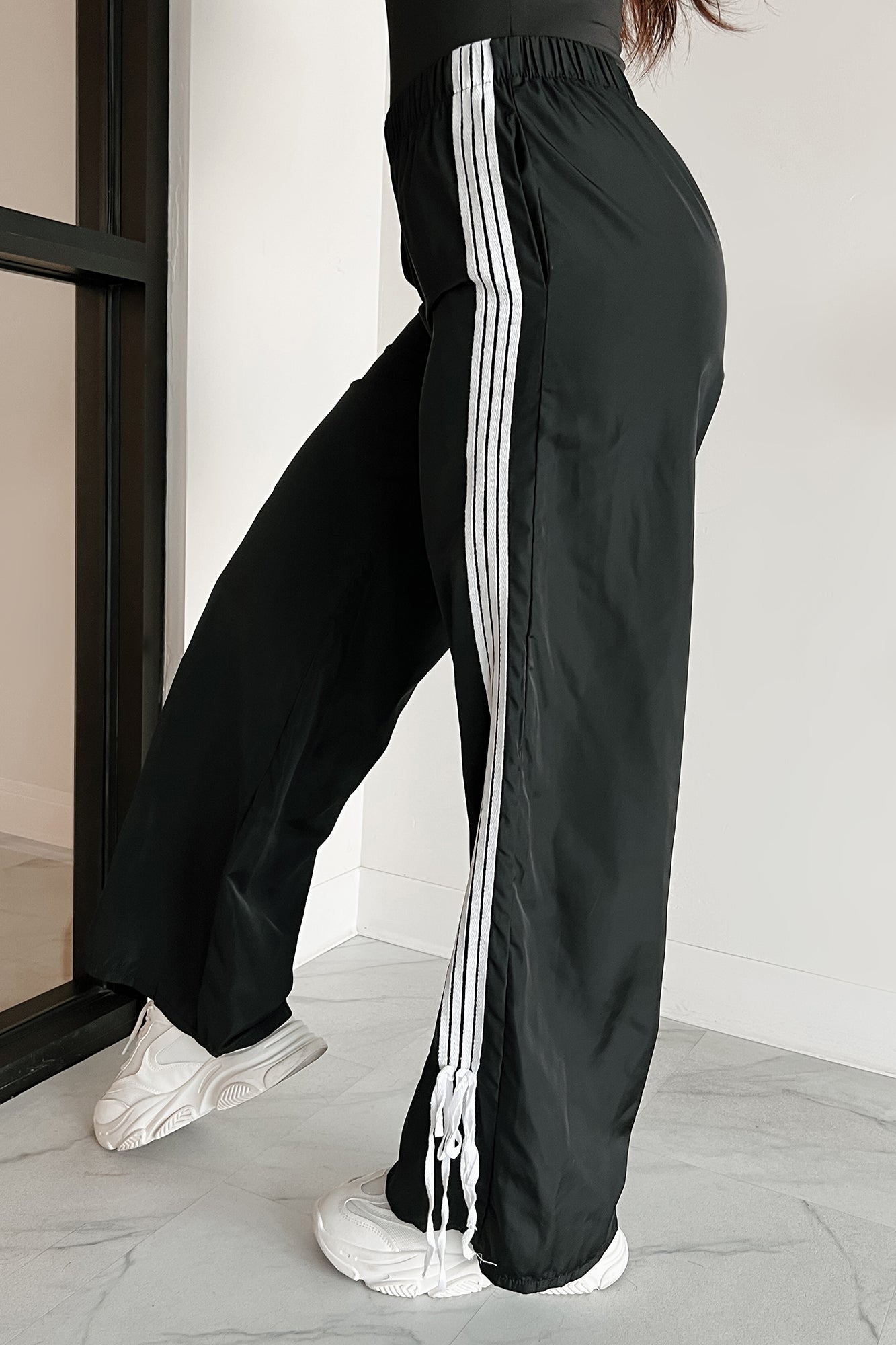 Colby Side Stripe Ribbon Tie Track Pants (Black)