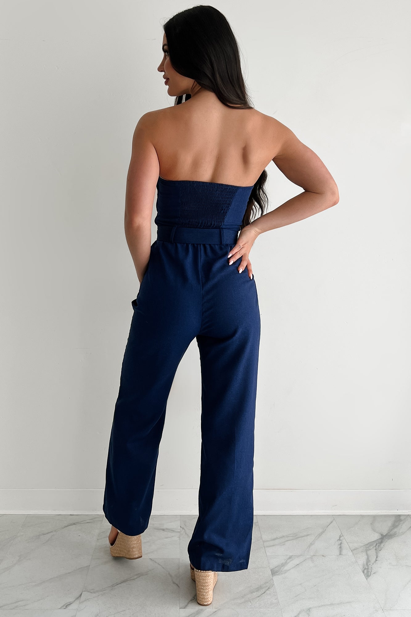 One More Page Strapless Belted Jumpsuit (Navy)