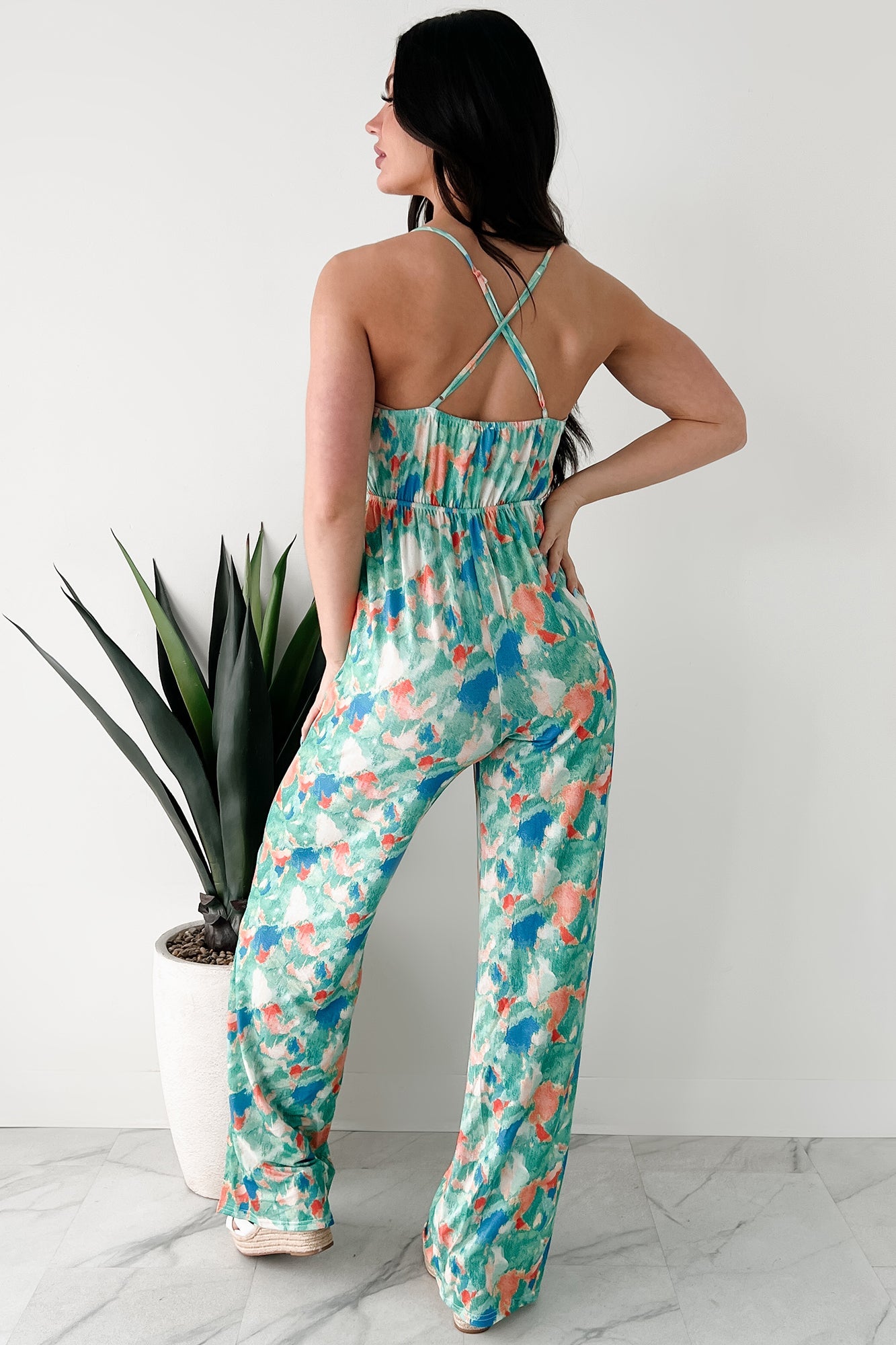 Step Into Stillness Watercolor Print Jumpsuit (Green)
