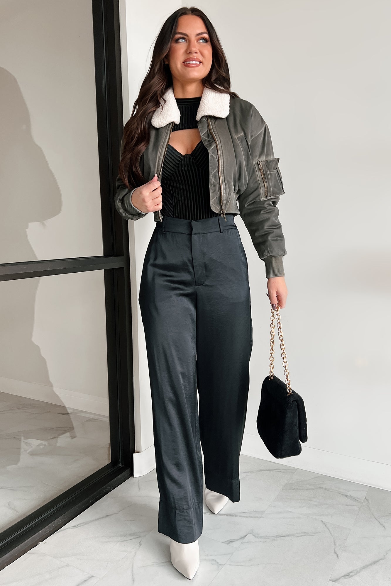 Fashionable Flight Path Aviator Crop Jacket (Dark Grey)