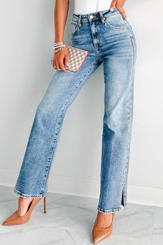 Garrison High Rise Rhinestone Detail Straight Leg Special A Jeans (Medium Dark)