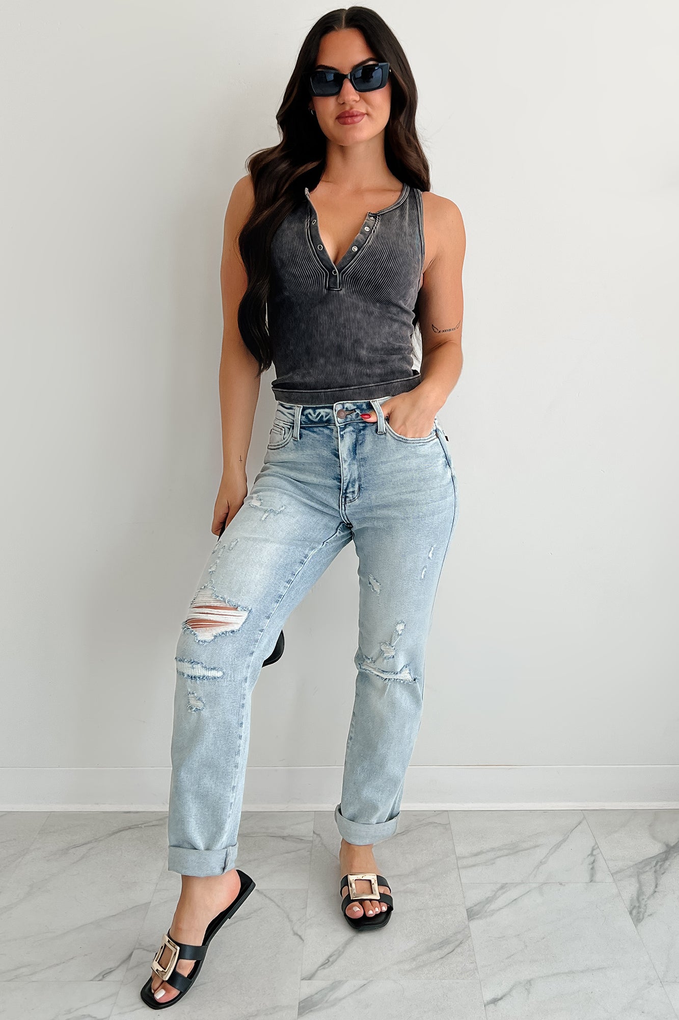 Chill Intentions Ribbed Washed Zenana Henley Tank (Ash Black)
