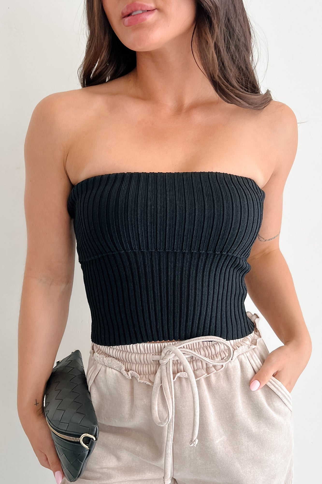 Cozy Corner Ribbed Strapless Fold Over Top (Black)