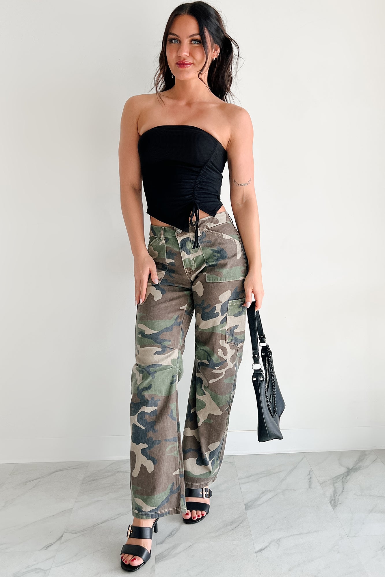 Count Me In Side Ruched Asymmetric Tube Top (Black)