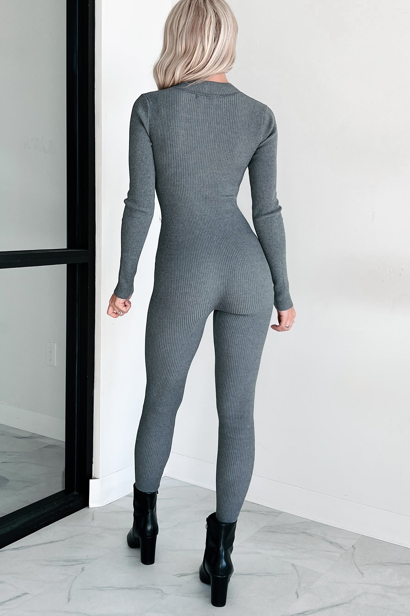 Lowkey And Loving It Zip Front Ribbed Jumpsuit (Heather Grey)