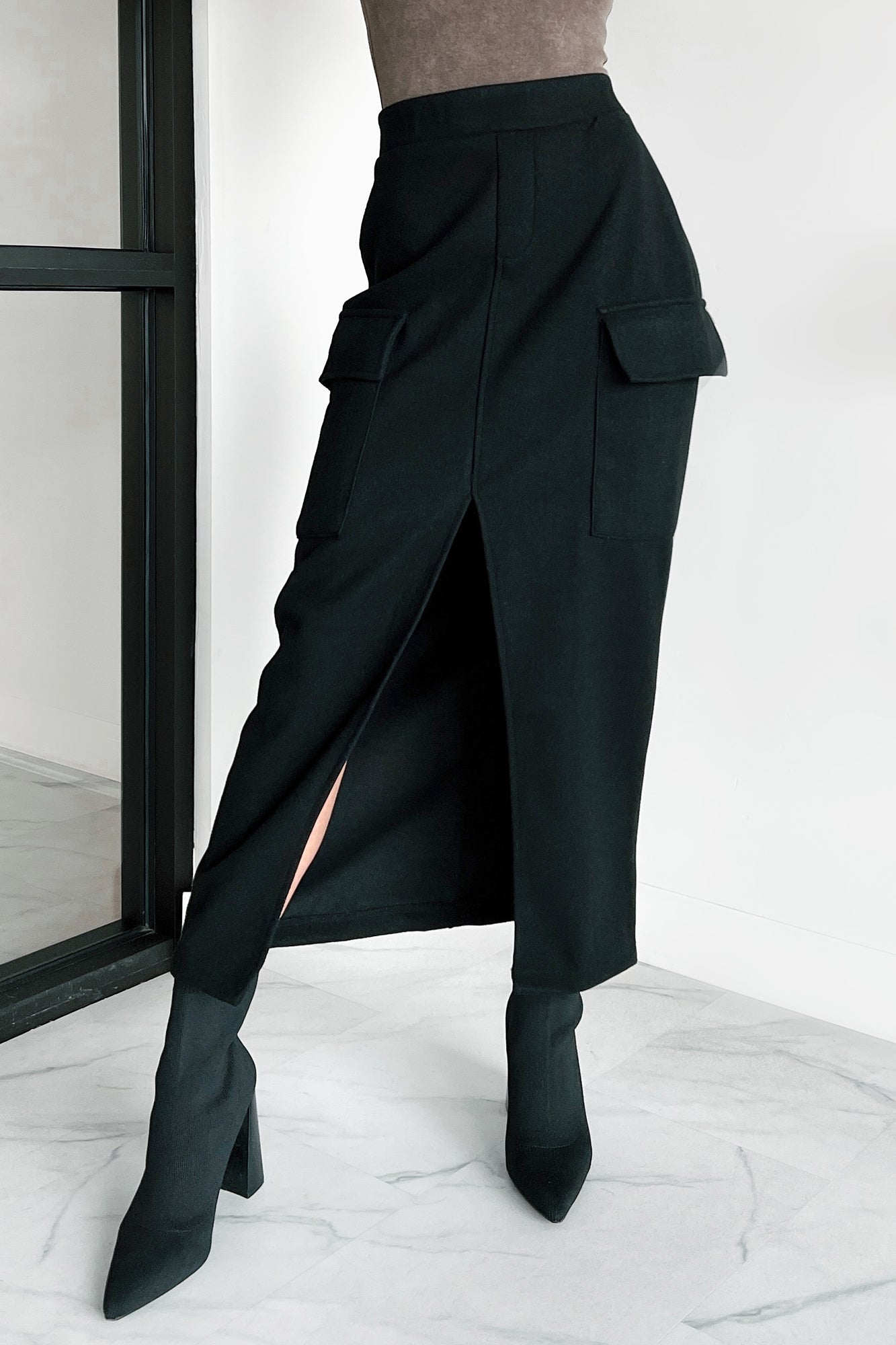 Setting New Standards Brushed Knit Cargo Midi Skirt (Black)