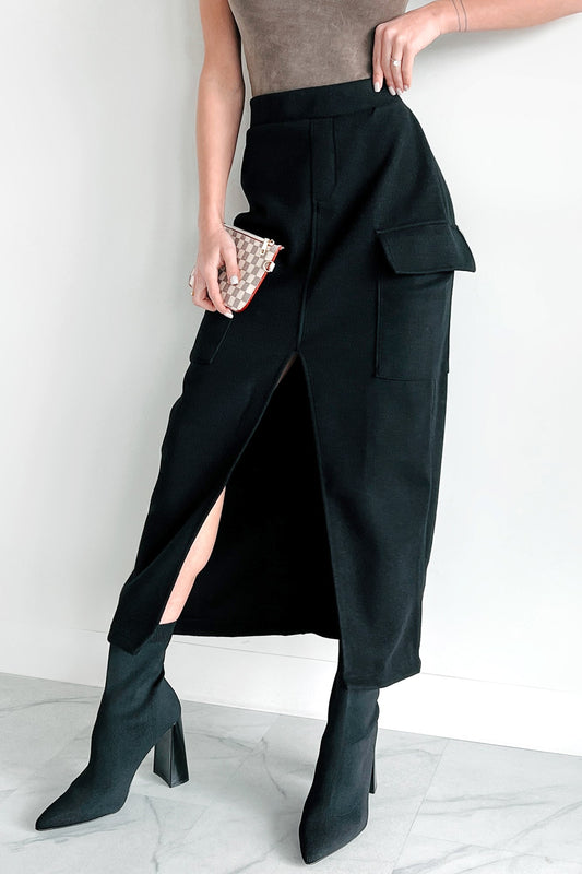 Setting New Standards Brushed Knit Cargo Midi Skirt (Black)