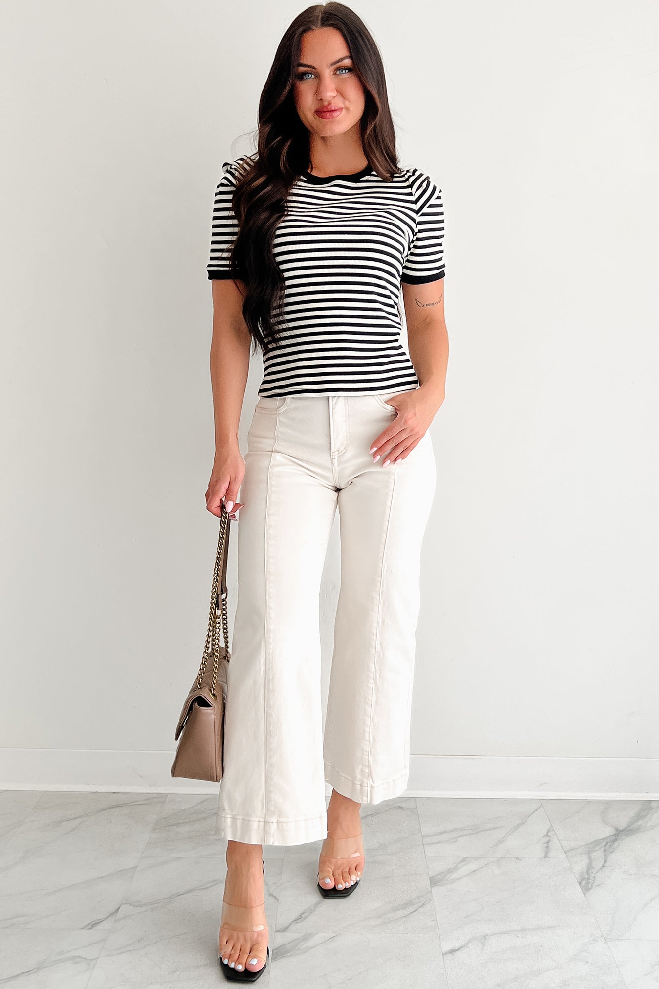 Casual & Cool Striped Puff Shoulder Top (Black/Ivory)