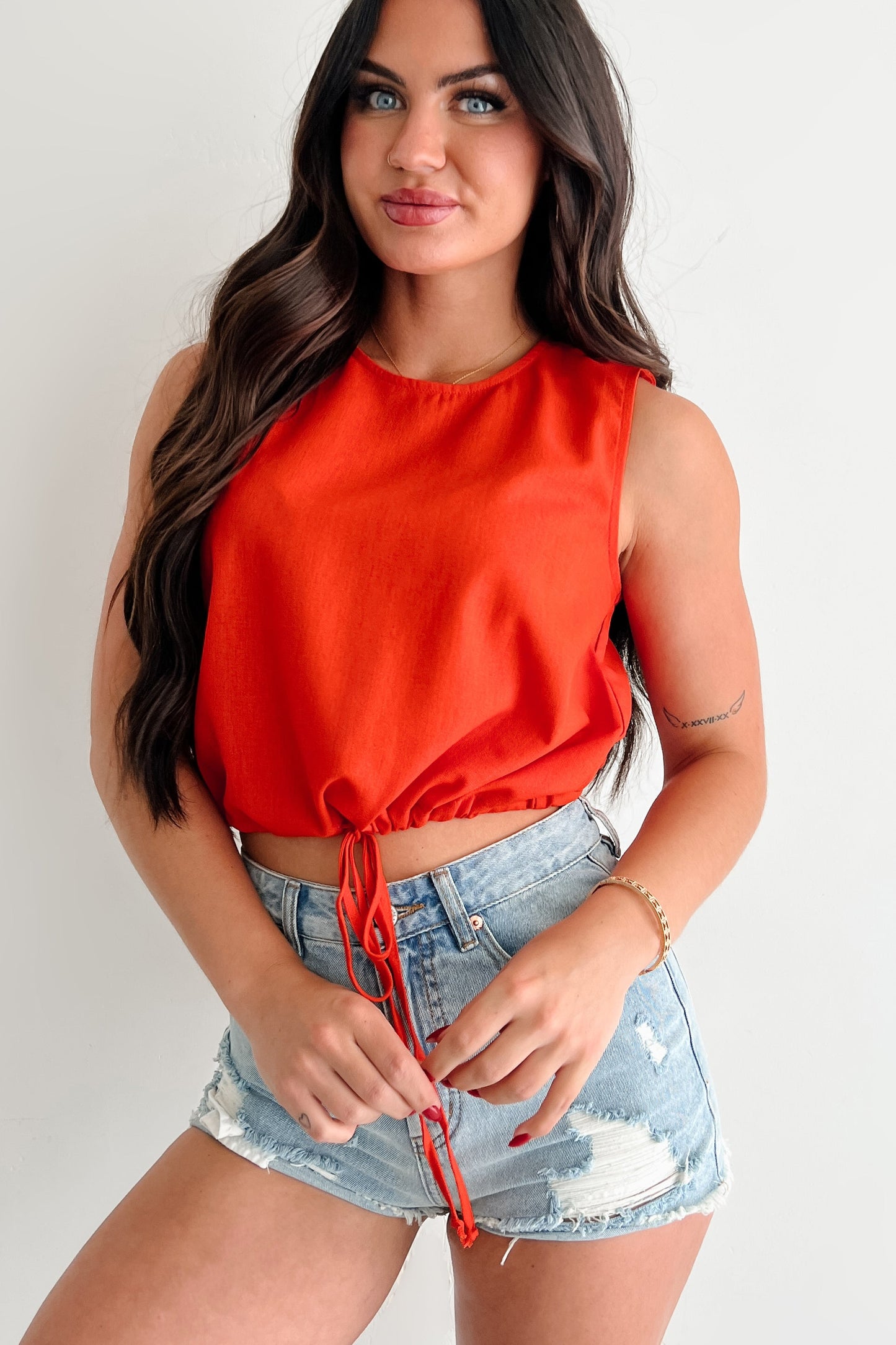 Ease & Elevate Sleeveless Drawstring Hem Top (Tomato)