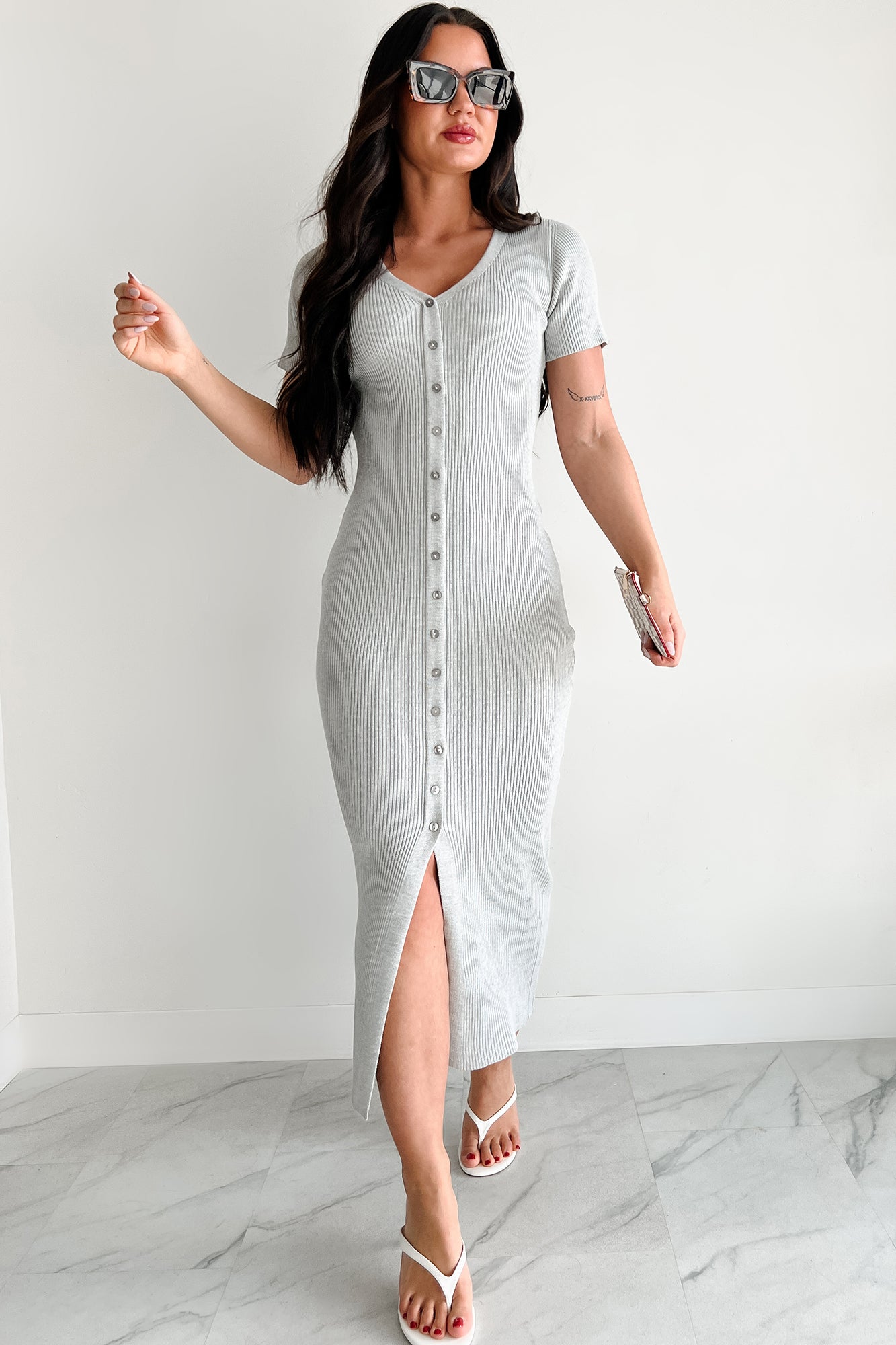 Make It Look Easy Button Front Maxi Dress (Grey)