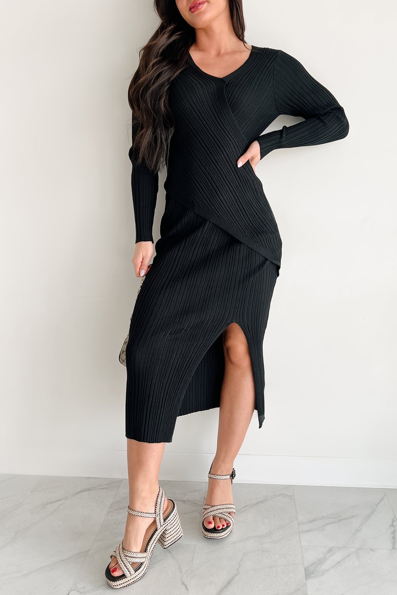 Sunday Brunch Ribbed Long Sleeve Maxi Dress (Black)