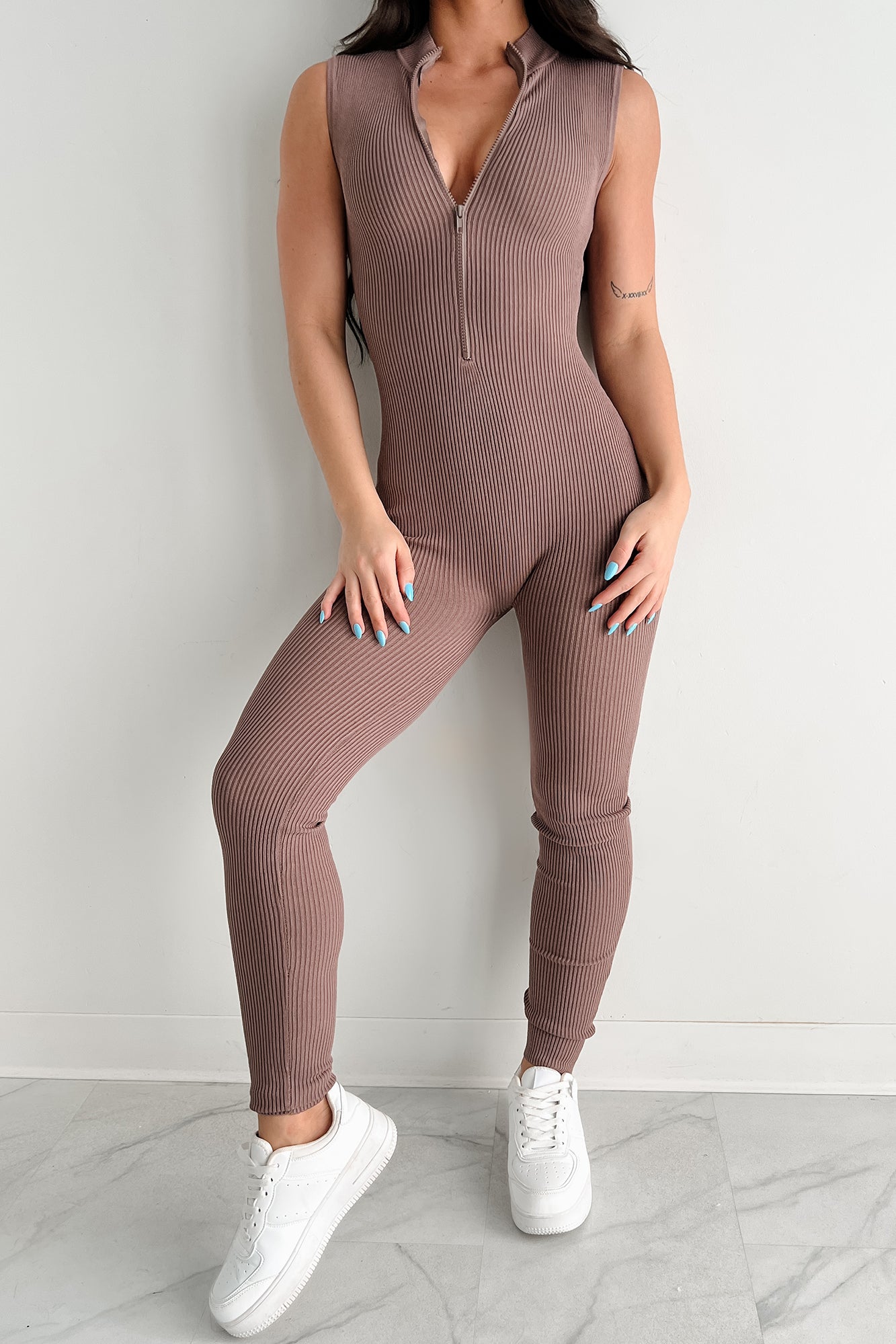 Luck Of The Draw Ribbed Half Zip Jumpsuit (Dark Taupe)