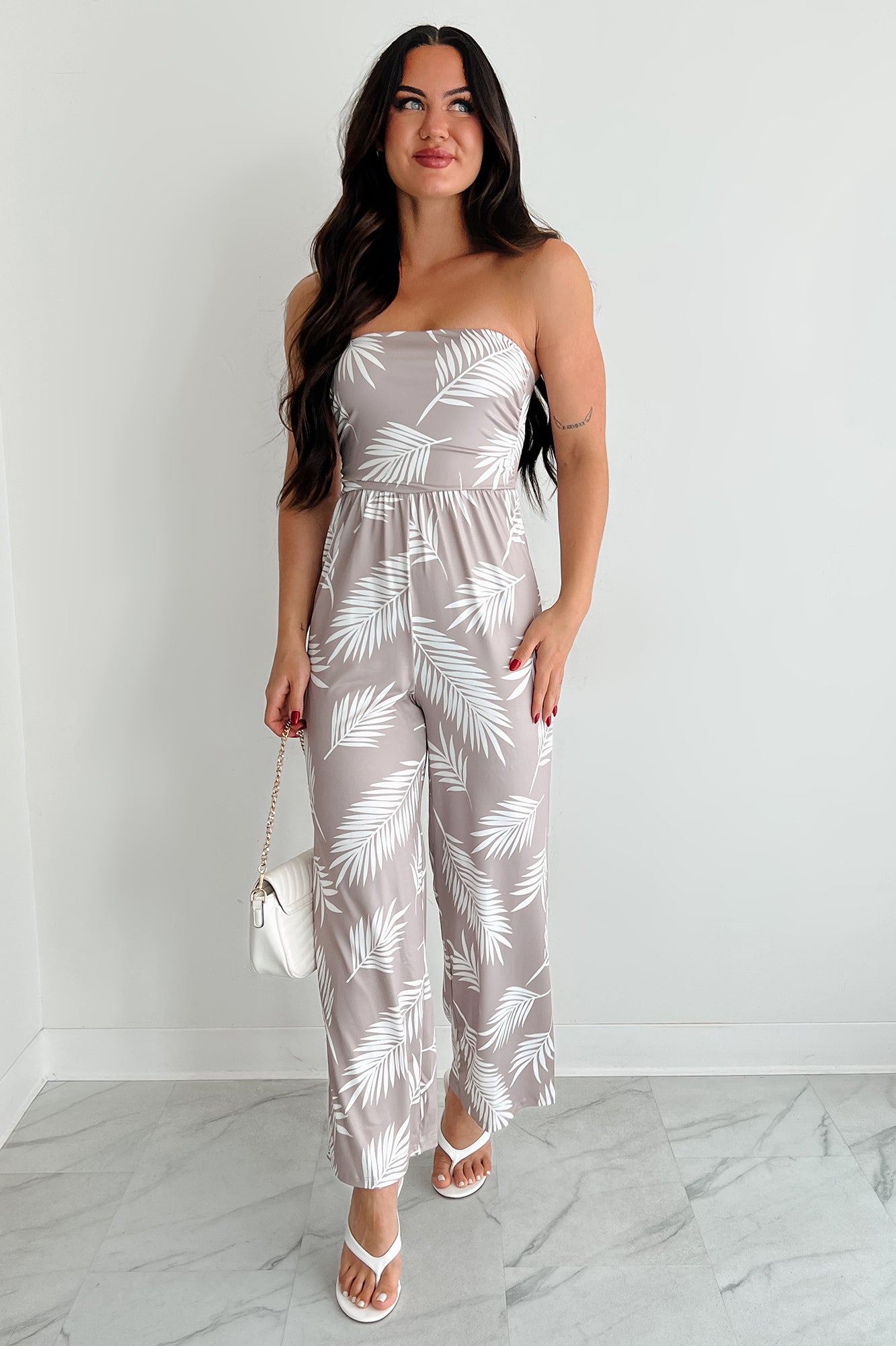 Palm Plans Strapless Leaf Print Jumpsuit (Taupe)