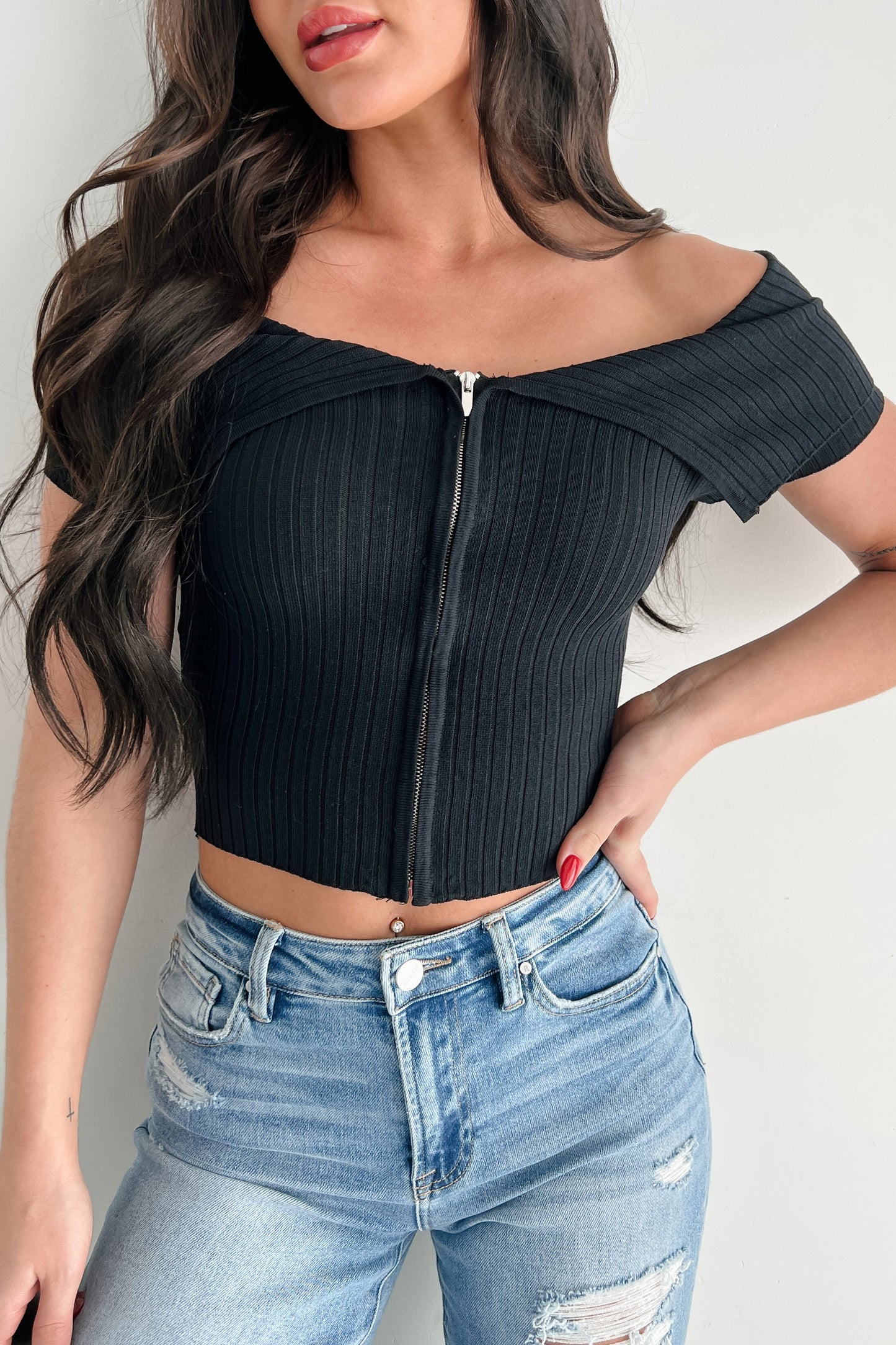 Relaxed Yet Refined Off Shoulder Zip-Up Top (Black)