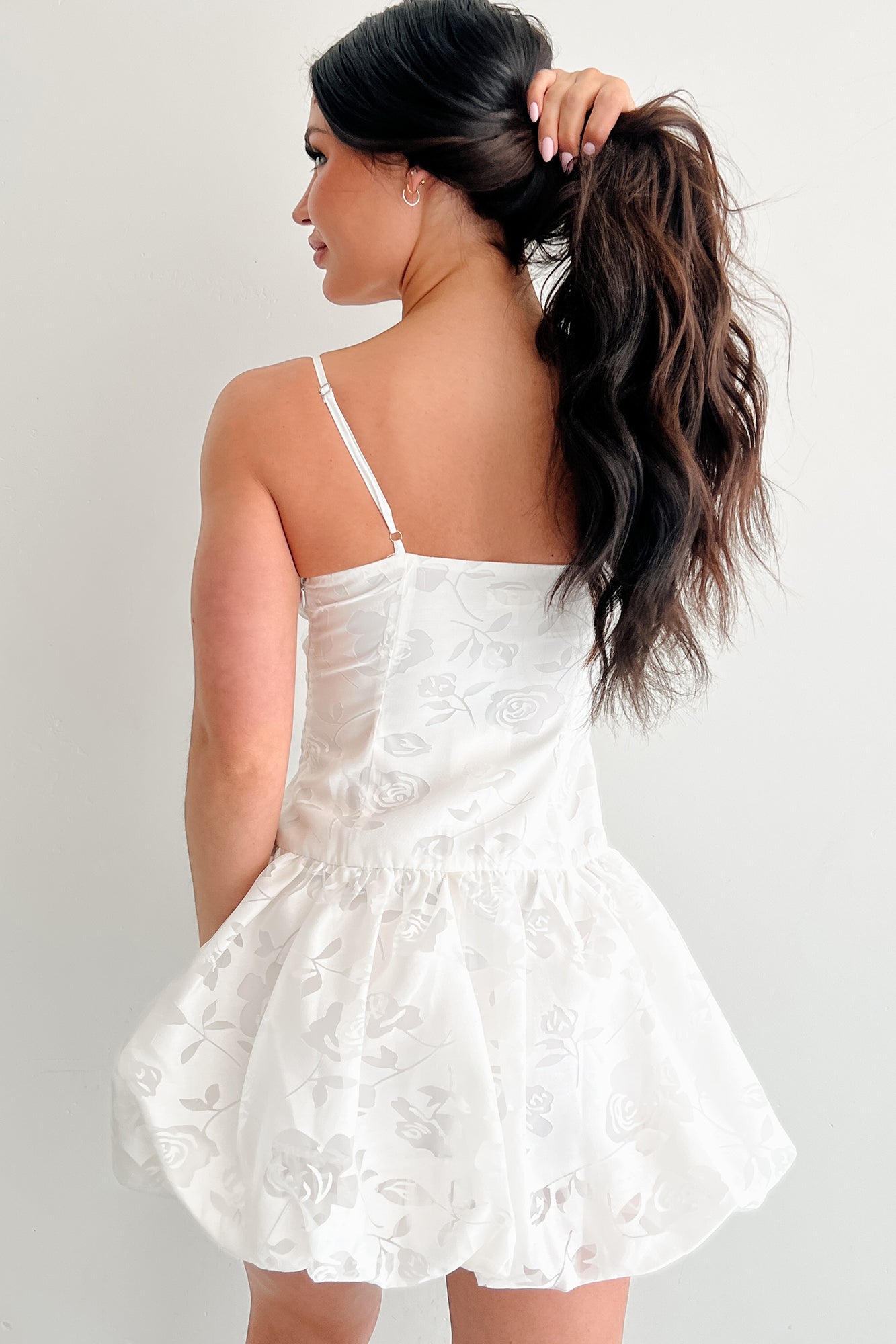Bloom Brightly Floral Bubble Hem Mini Dress (White)