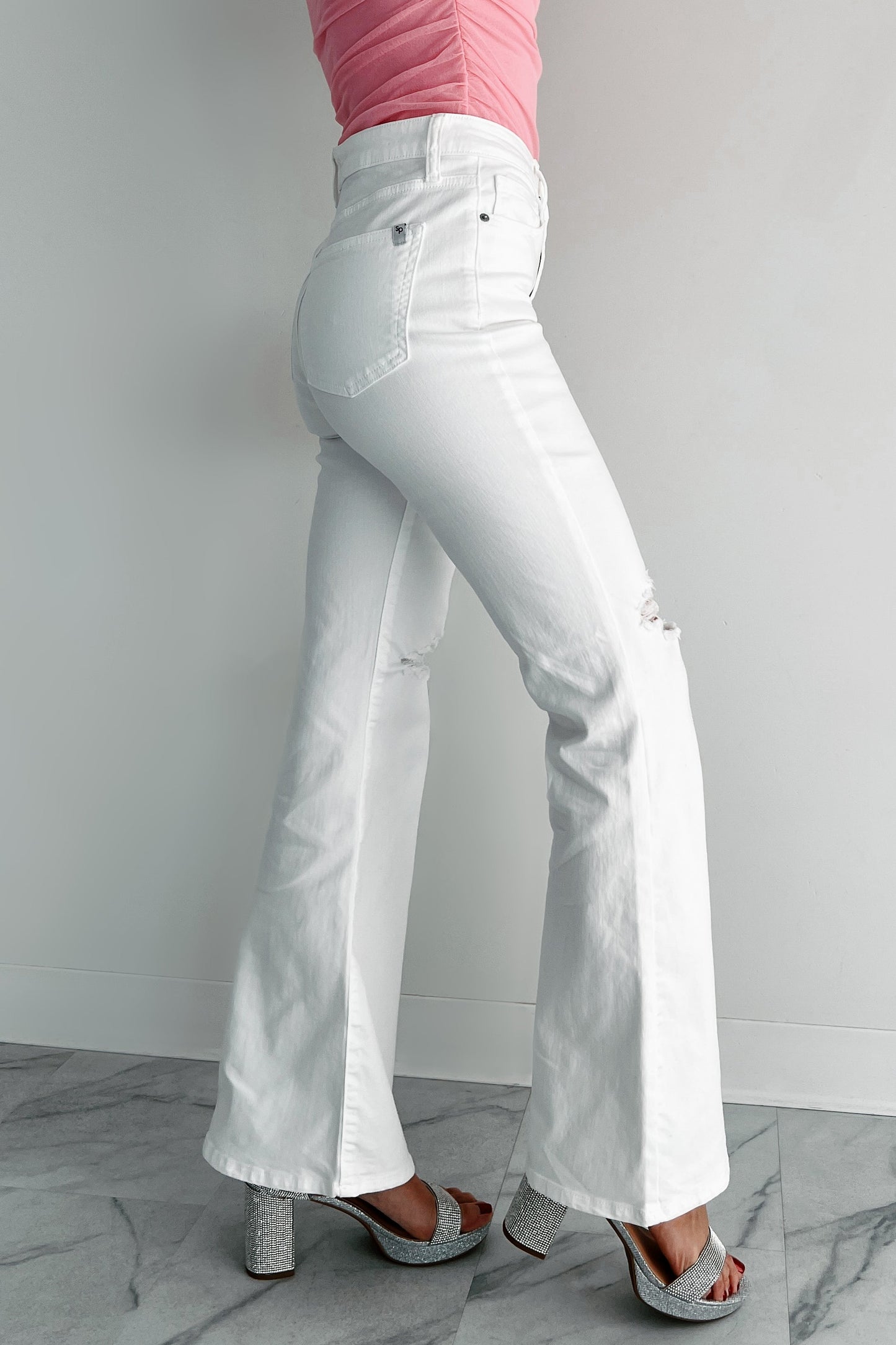 Maureen Special A High Rise Distressed Flare Jeans (White)