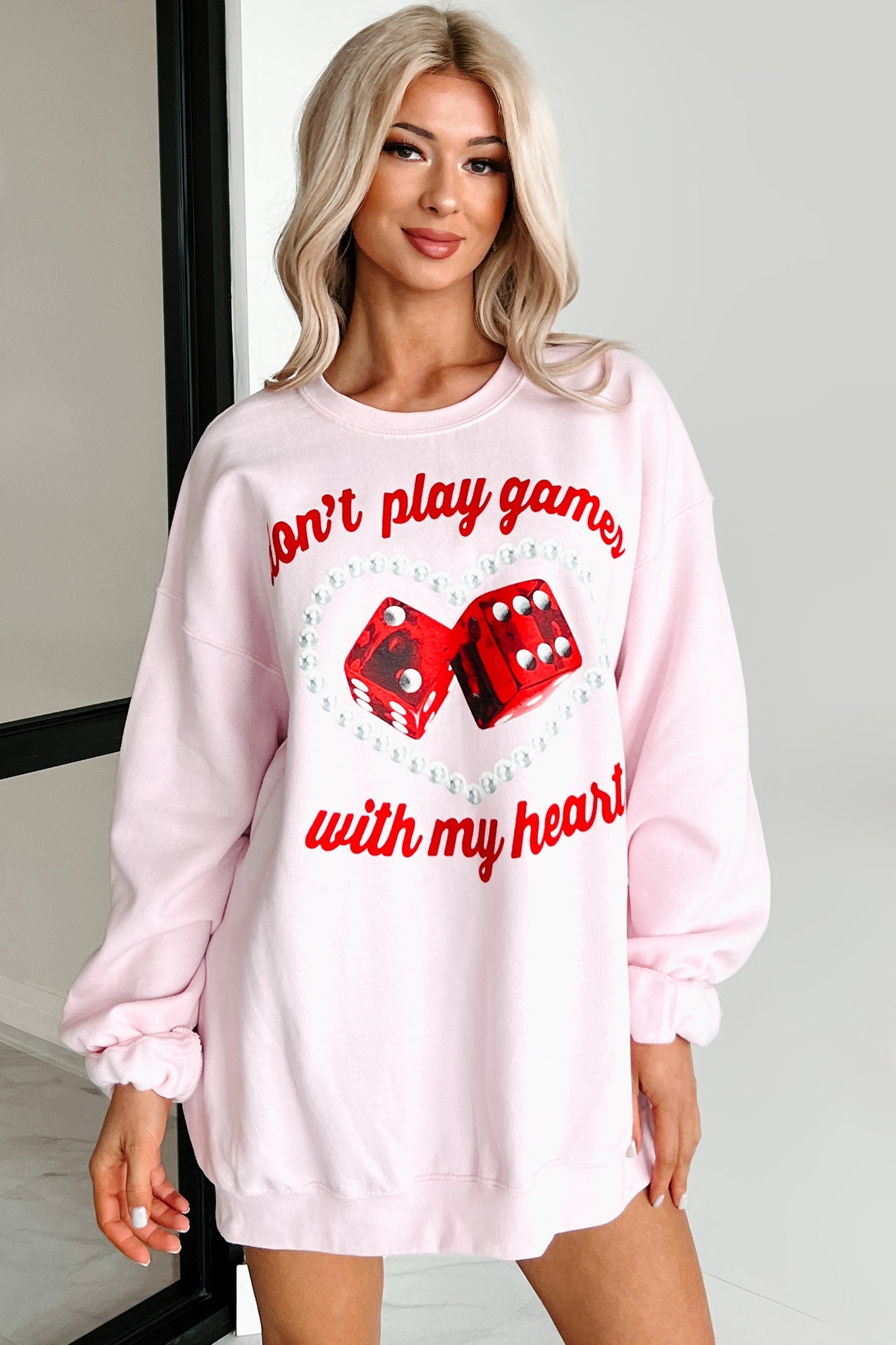 "Don't Play Games With My Heart" Graphic Crewneck (Light Pink)