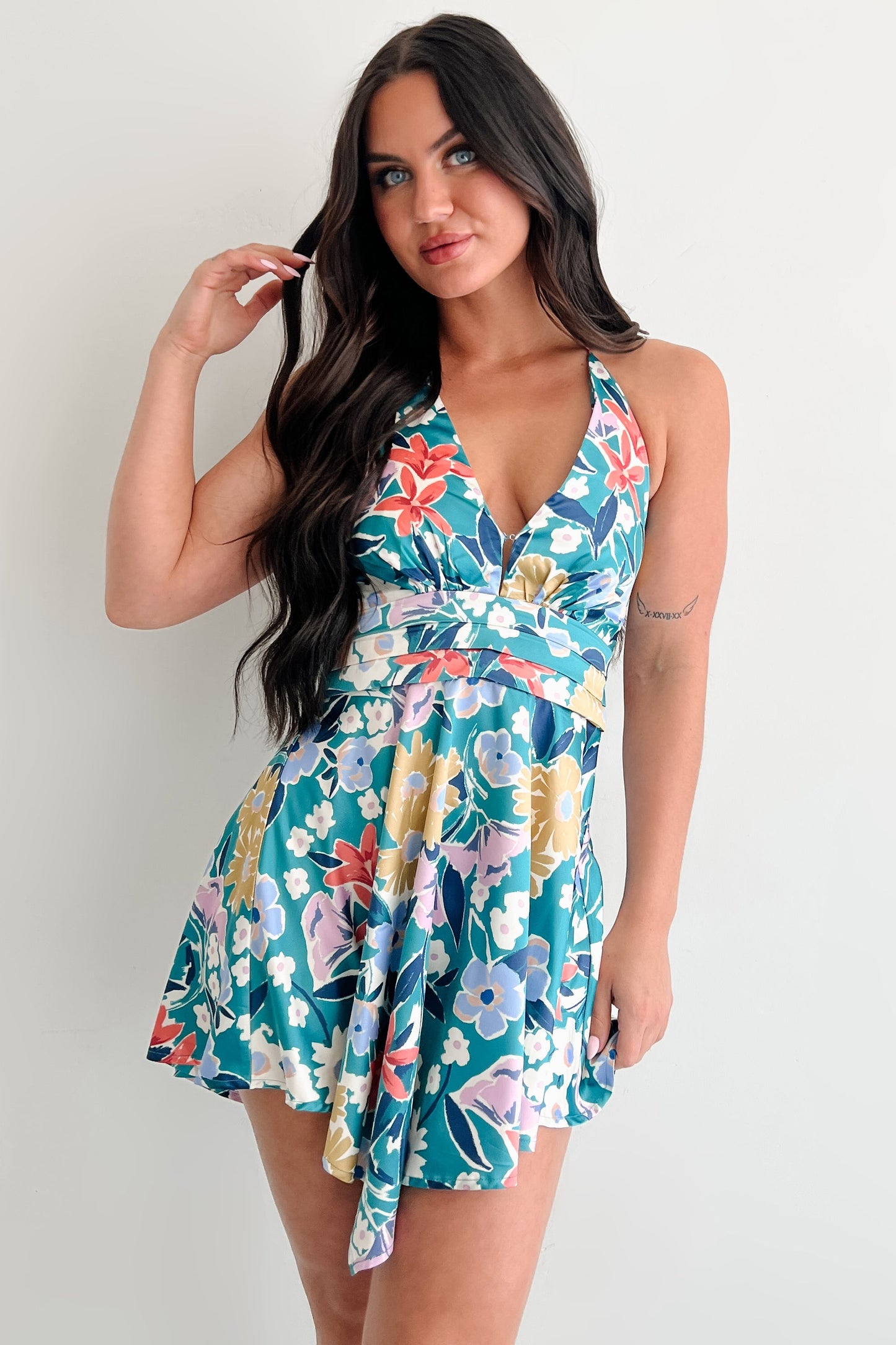 Smile Brighter Floral Halter Mini Dress (Pine Green)
