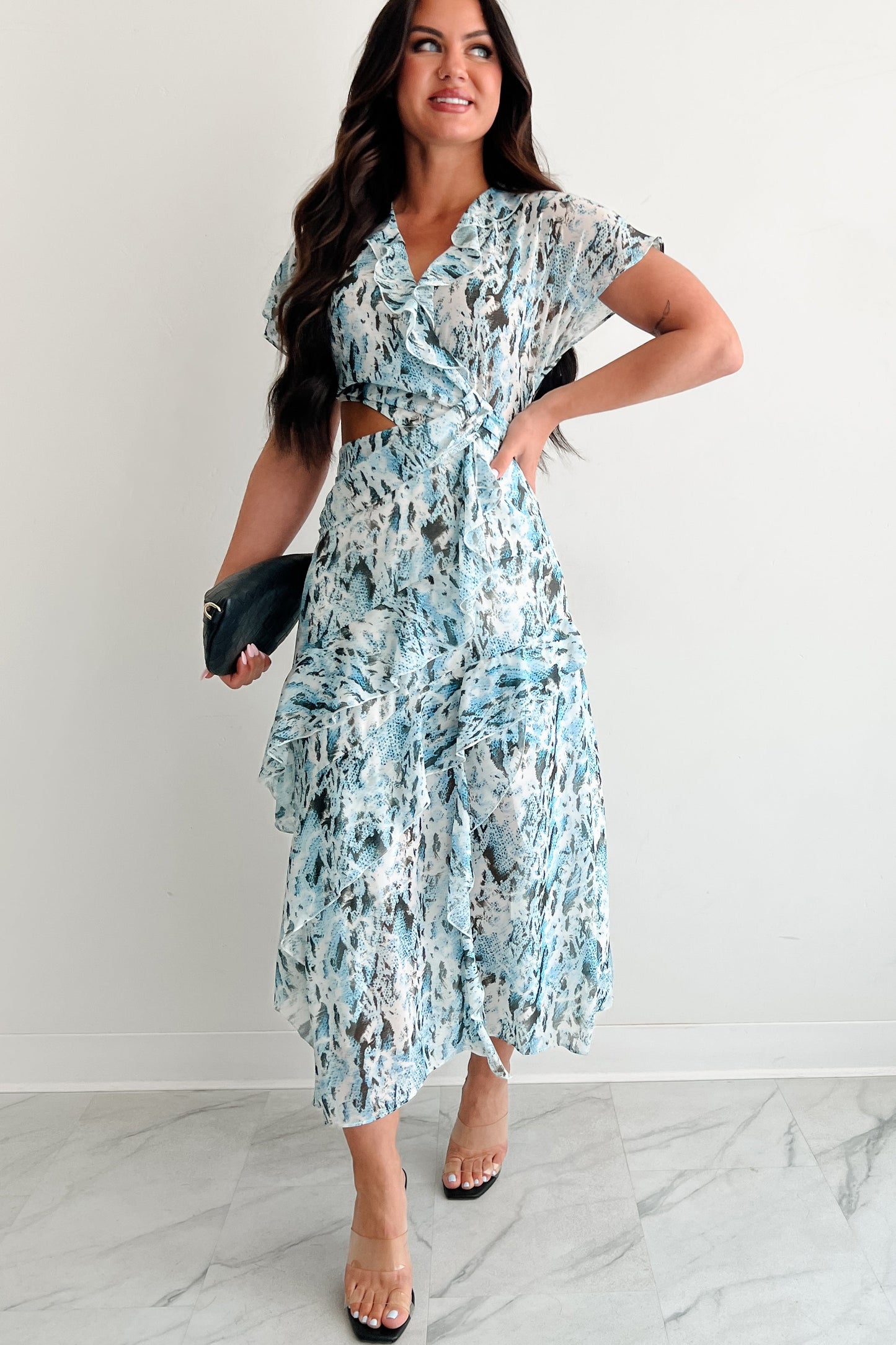 Heart Of Gold Printed Ruffle Maxi Dress (Blue)