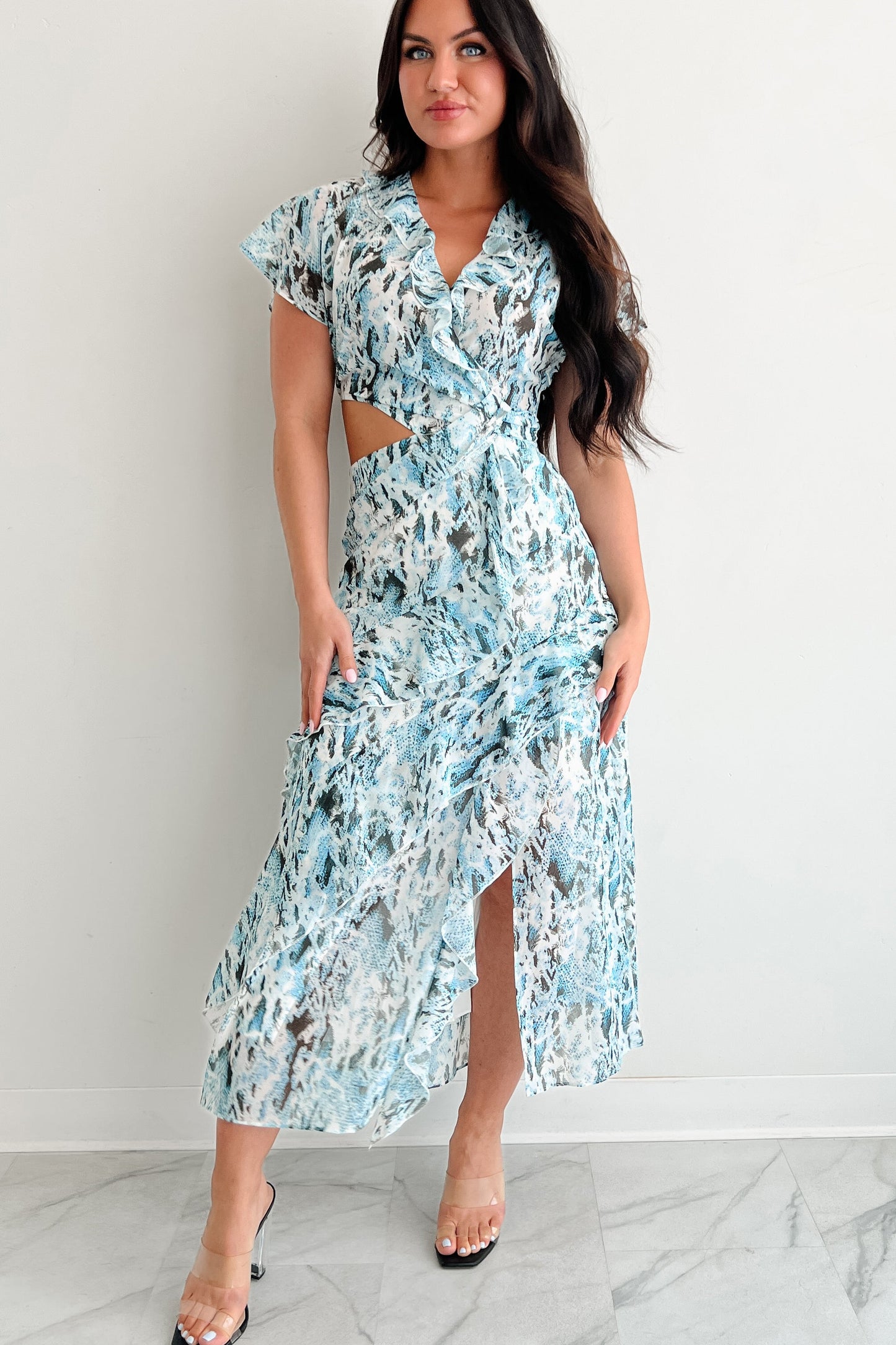 Heart Of Gold Printed Ruffle Maxi Dress (Blue)