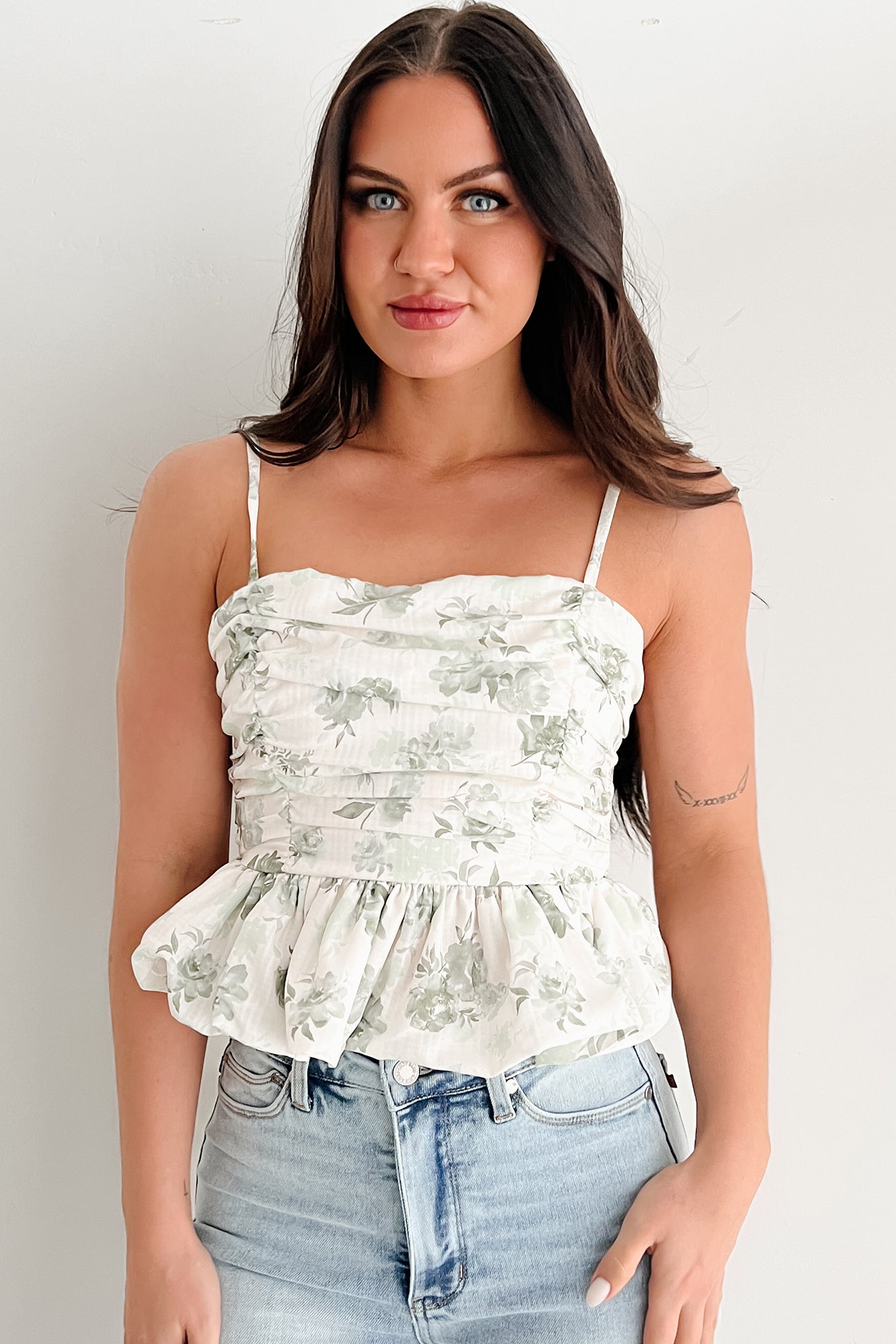 Nature's Palette Ruched Floral Peplum Tank (Sage)