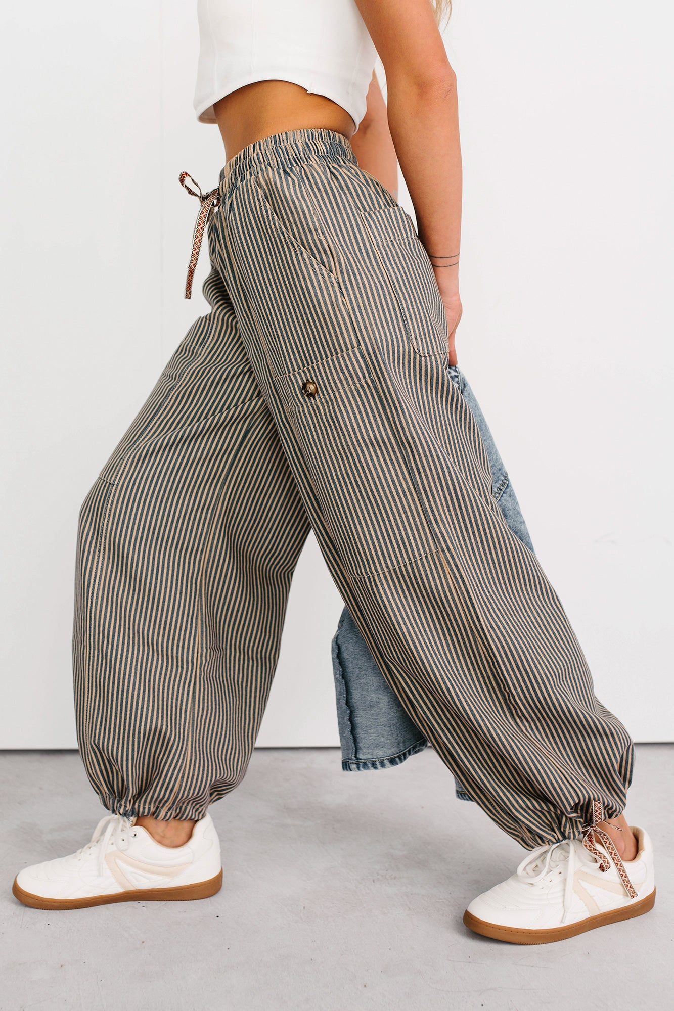 Restless Heart Striped Wide Leg Drawstring Pants (Latte)