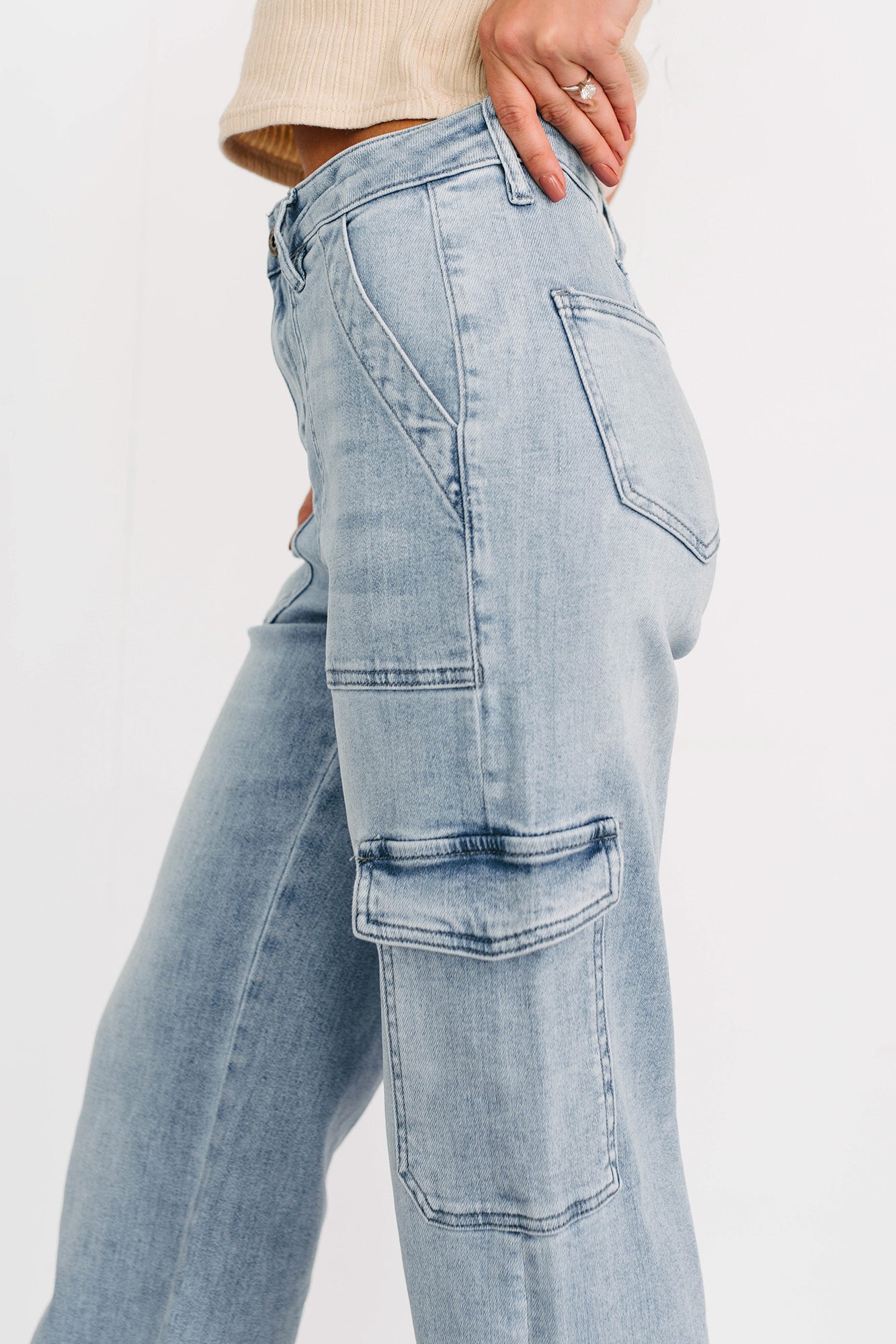 Callum Wide Leg Cargo Mica Denim Jeans (Light)