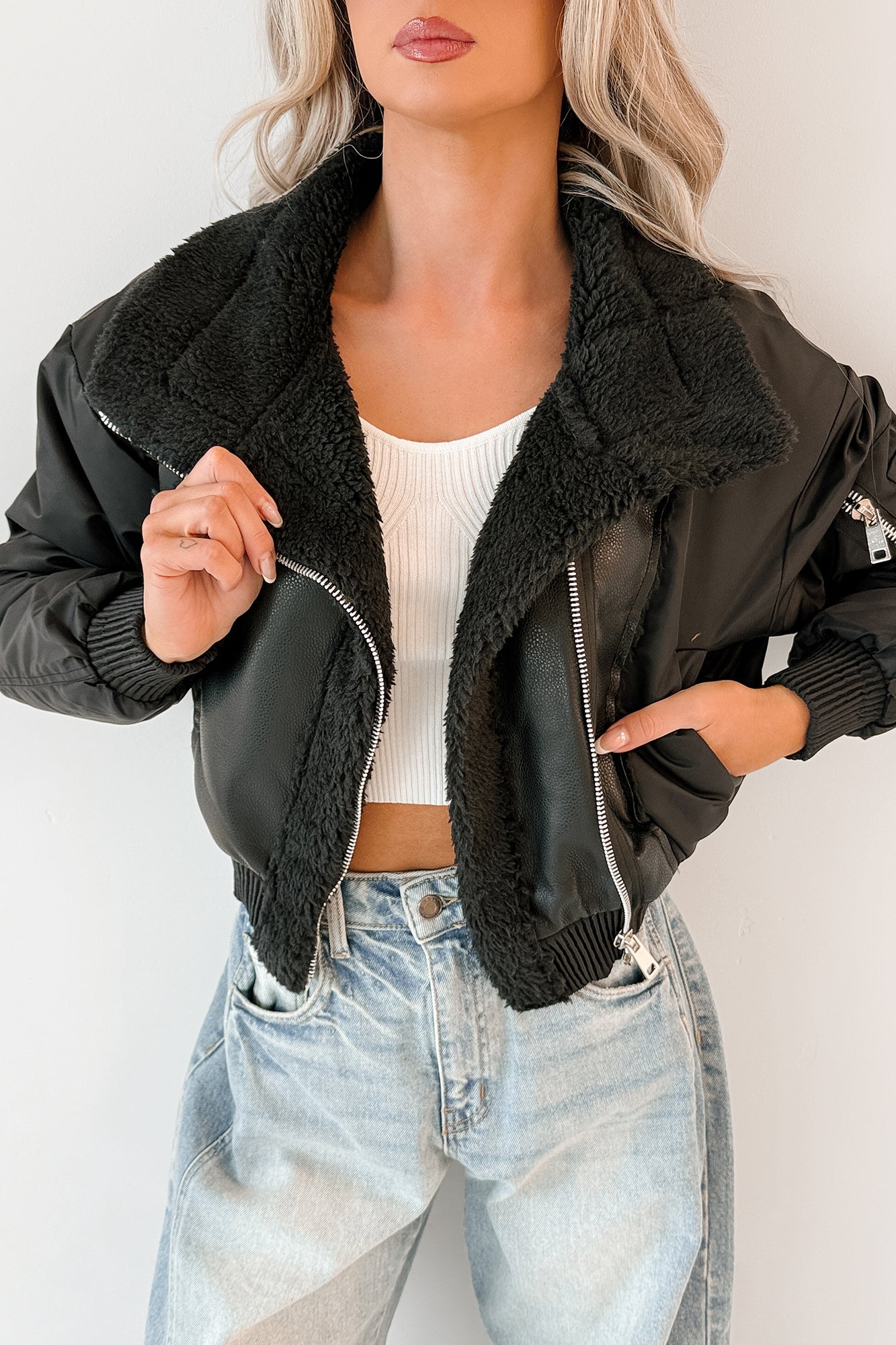 Untamed Icon Faux Leather Sherpa Jacket (Black)