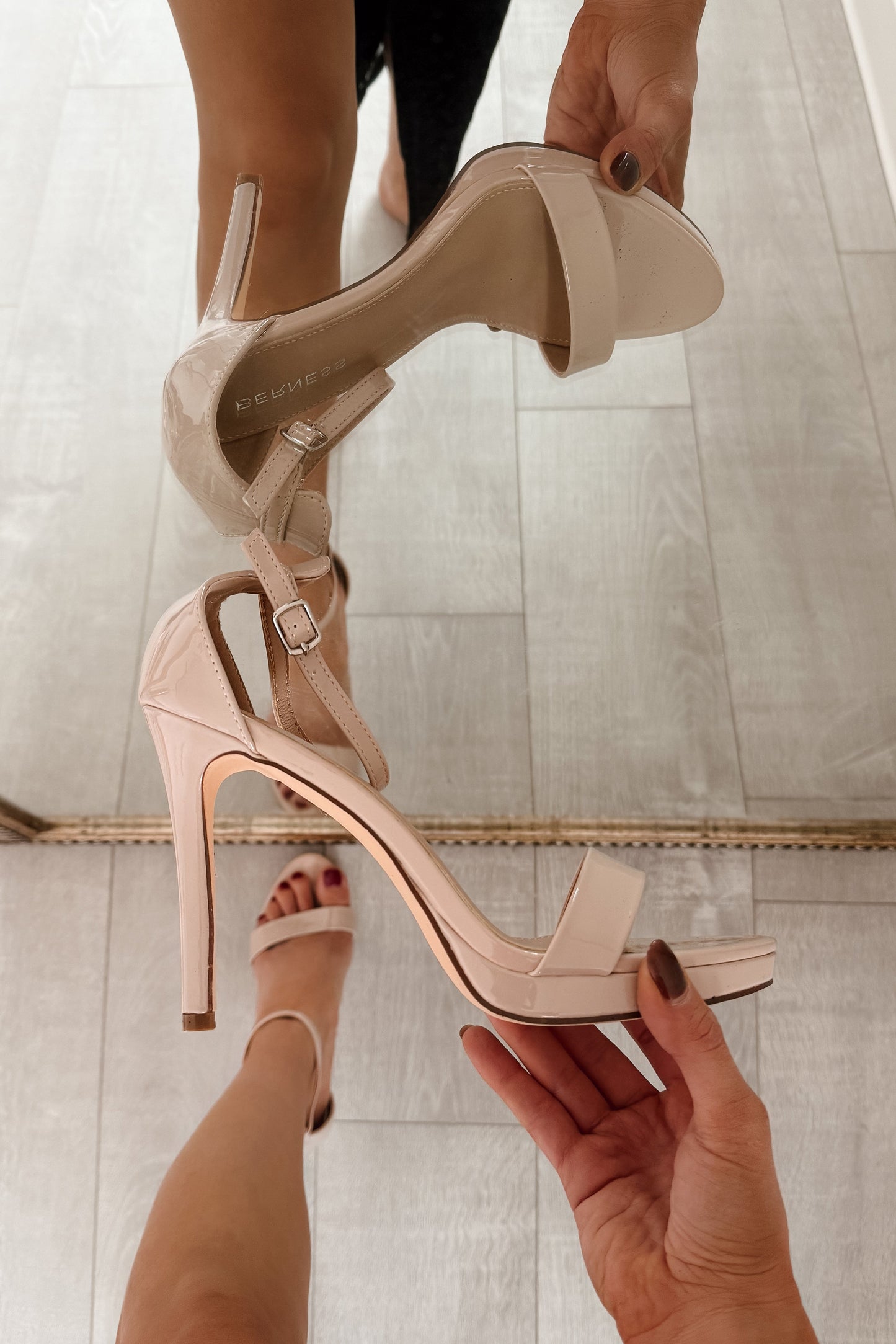 Chic Spotlight Stiletto Ankle Strap Heels (Beige)