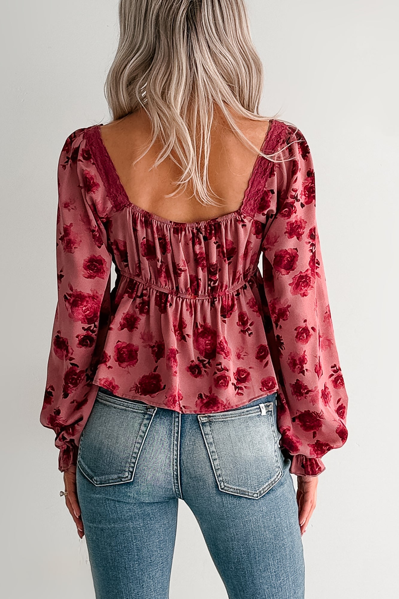 Dream In Bloom Lace Trim Open Tie Front Top (Mauve Floral)