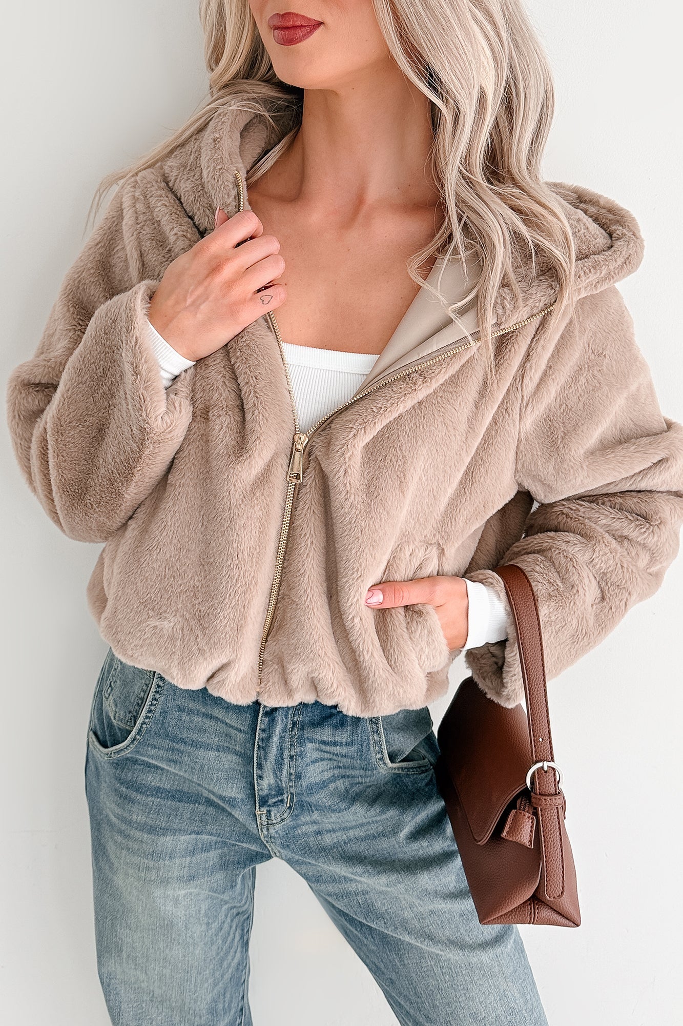Daydream Girl Faux Fur Hooded Crop Jacket (Coco)